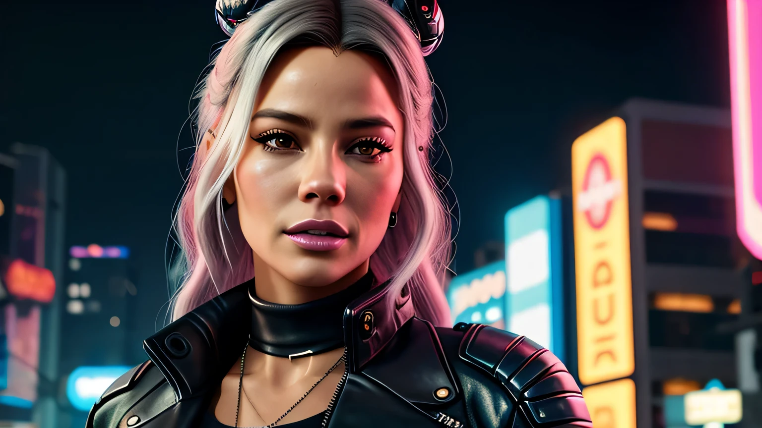 retrato em close de Sofia Vergara, arte conceitual detalhada do personagem, inspirado em Magali Villeneuve, realista, retrato de personagem de fantasia, Ciberpunk, motor irreal 5, estilo RPG, trends on artstation, Qualidade da CGSociedade, Fundo Bokeh, foco suave, Lente de 35 mm, jaqueta de couro, textura de couro complexa, Ciberpunk outfit, olhar confiante, Estilo de arte de Alexandra Fomina, ((masterfully crafted Ciberpunk clothes, olhos expressivos, postura forte), fotografia profissional, Dynamic Posture, Texturas de alta fidelidade), cinematic lighting, cores atraentes, volumetric neon lightning, vivid neon lights, cores vivas, close up photo at eye level, High definition, efeitos de alta fidelidade, Octane rendering, arte da nintendo