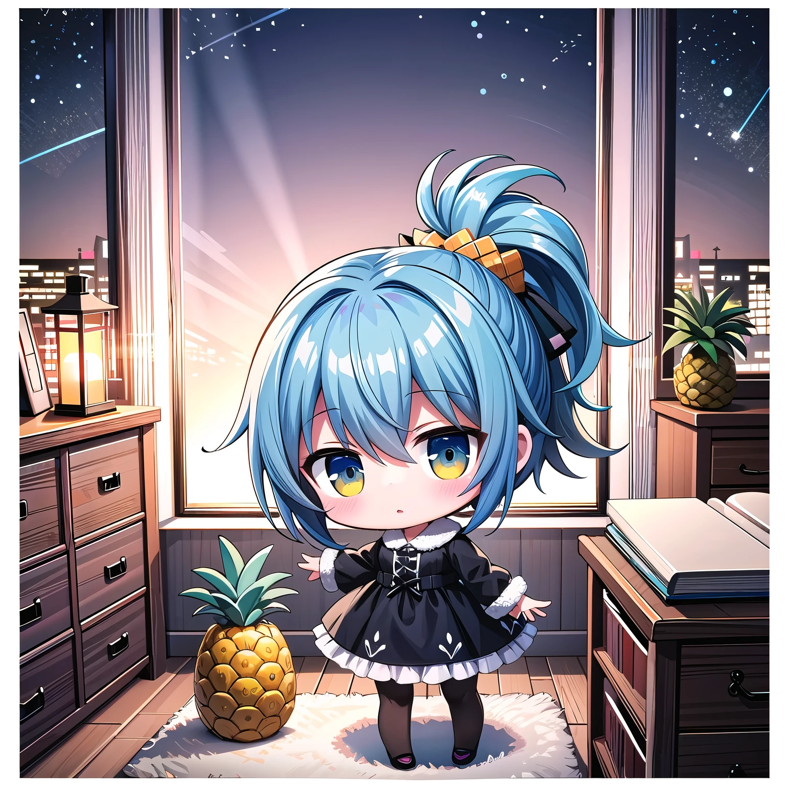 (((Chibi, Pineapple, Petite, Cute))), ((3DCG,Nendoroid, 1 girl, masterpiece, almond-shaped eyes, beautiful skin, red cheeks, glossy white-blue hair, short chignon hair)), Indifferent, expressionless,Top quality , delicate fingers, curly hair, warm clothes, strong light and shadow, full body, winter clothes, night, gothic dress,room,black tights,blythe,négligé,best view spot