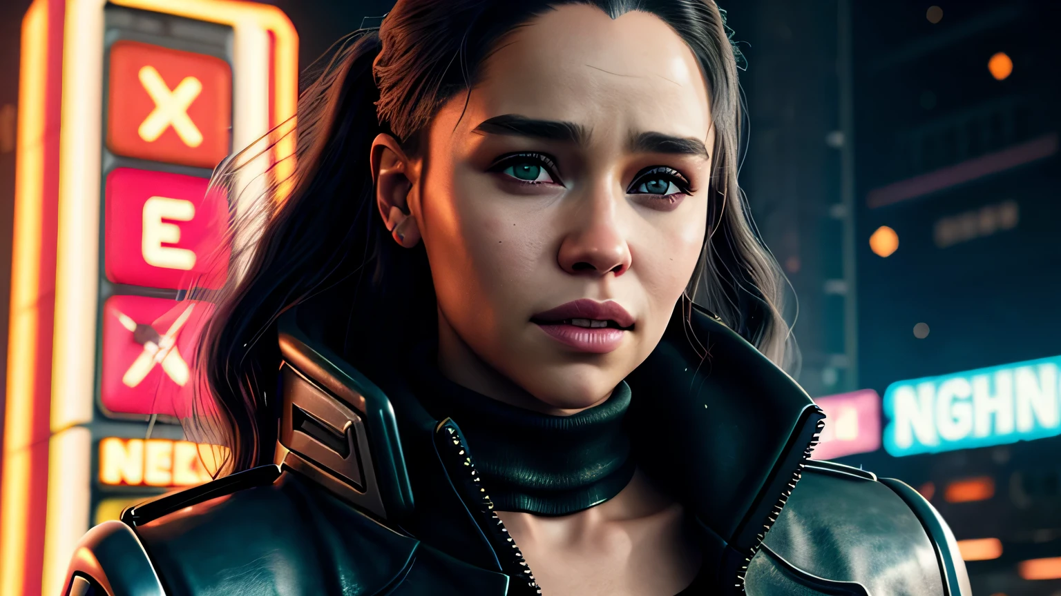 retrato em close de Emilia Clarke, arte conceitual detalhada do personagem, inspirado em Magali Villeneuve, realista, retrato de personagem de fantasia, Ciberpunk, motor irreal 5, estilo RPG, trends on artstation, Qualidade da CGSociedade, Fundo Bokeh, foco suave, Lente de 35 mm, jaqueta de couro, textura de couro complexa, Ciberpunk outfit, olhar confiante, Estilo de arte de Alexandra Fomina, ((masterfully crafted Ciberpunk clothes, olhos expressivos, postura forte), fotografia profissional, Dynamic Posture, Texturas de alta fidelidade), cinematic lighting, cores atraentes, volumetric neon lightning, vivid neon lights, cores vivas, close up photo at eye level, High definition, efeitos de alta fidelidade, Octane rendering, arte da nintendo