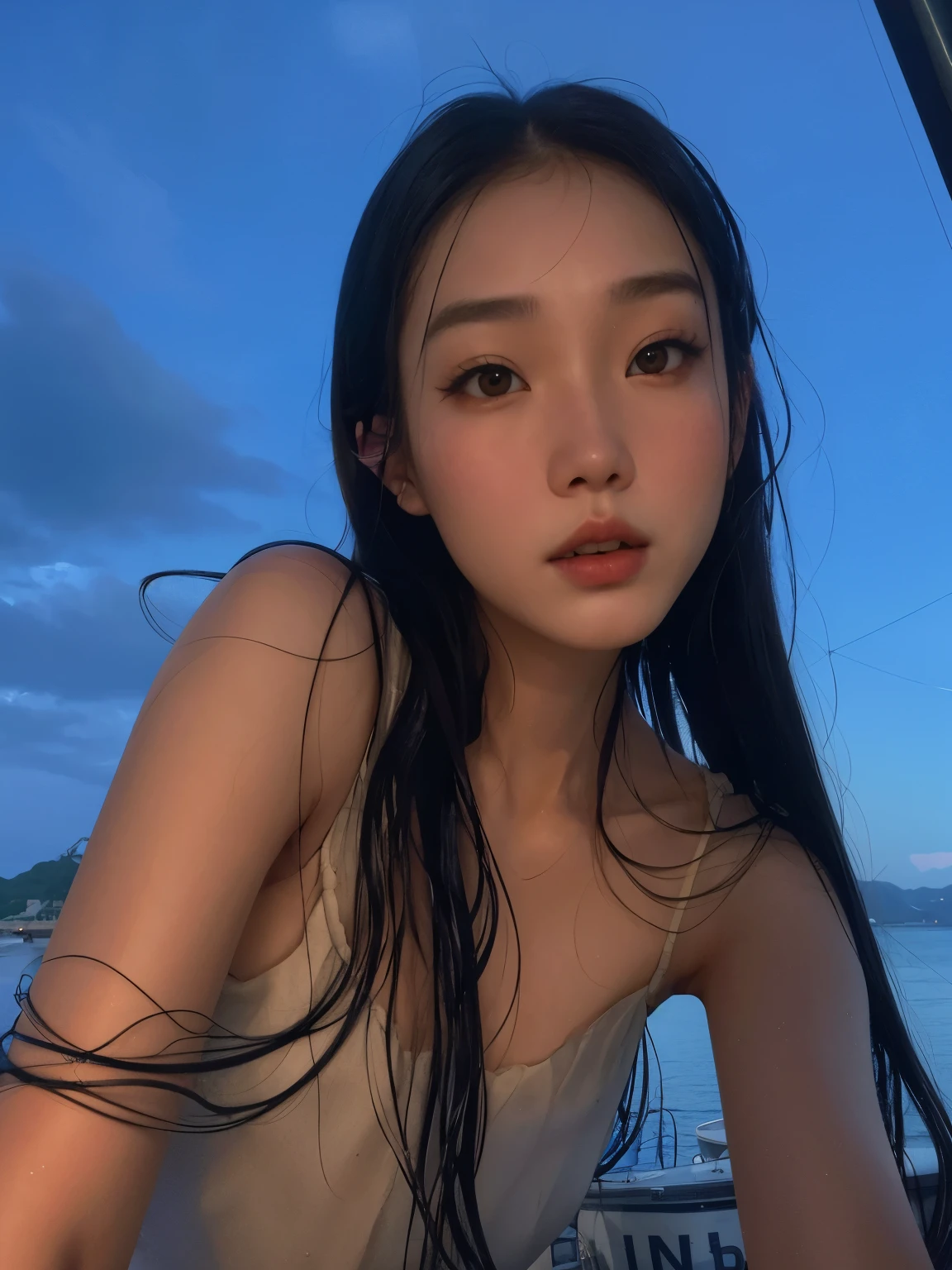 plucked asian woman with wet hair sitting on a boat, Xintong Chen, wenfei you, Yanjun Chengt, Jinyoung Shin, gema chen, xuehan, asian features, Shen Mingchen, Qifenglin, Chengyou Liu, beautiful chinese model, Xisionwu, beautiful asian girl, Lulu Chen, jaeyeon nam, gongbi