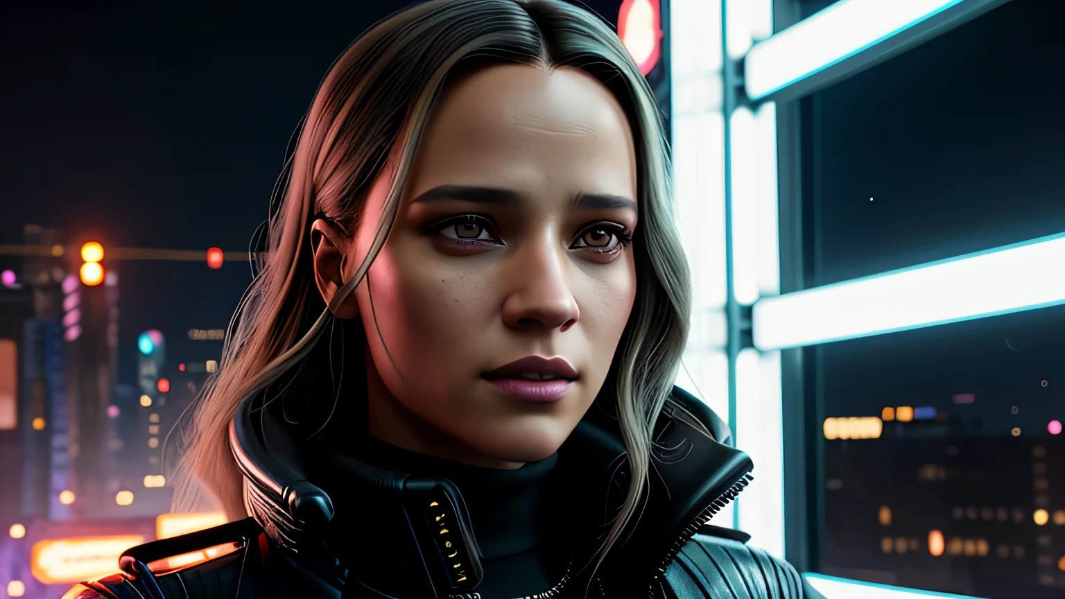retrato em close de Alicia Vikander, arte conceitual detalhada do personagem, inspirado em Magali Villeneuve, realista, retrato de personagem de fantasia, Ciberpunk, motor irreal 5, estilo RPG, trends on artstation, Qualidade da CGSociedade, Fundo Bokeh, foco suave, Lente de 35 mm, jaqueta de couro, textura de couro complexa, Ciberpunk outfit, olhar confiante, Estilo de arte de Alexandra Fomina, ((masterfully crafted Ciberpunk clothes, olhos expressivos, postura forte), fotografia profissional, Dynamic Posture, Texturas de alta fidelidade), cinematic lighting, cores atraentes, volumetric neon lightning, vivid neon lights, cores vivas, close up photo at eye level, High definition, efeitos de alta fidelidade, Octane rendering, arte da nintendo