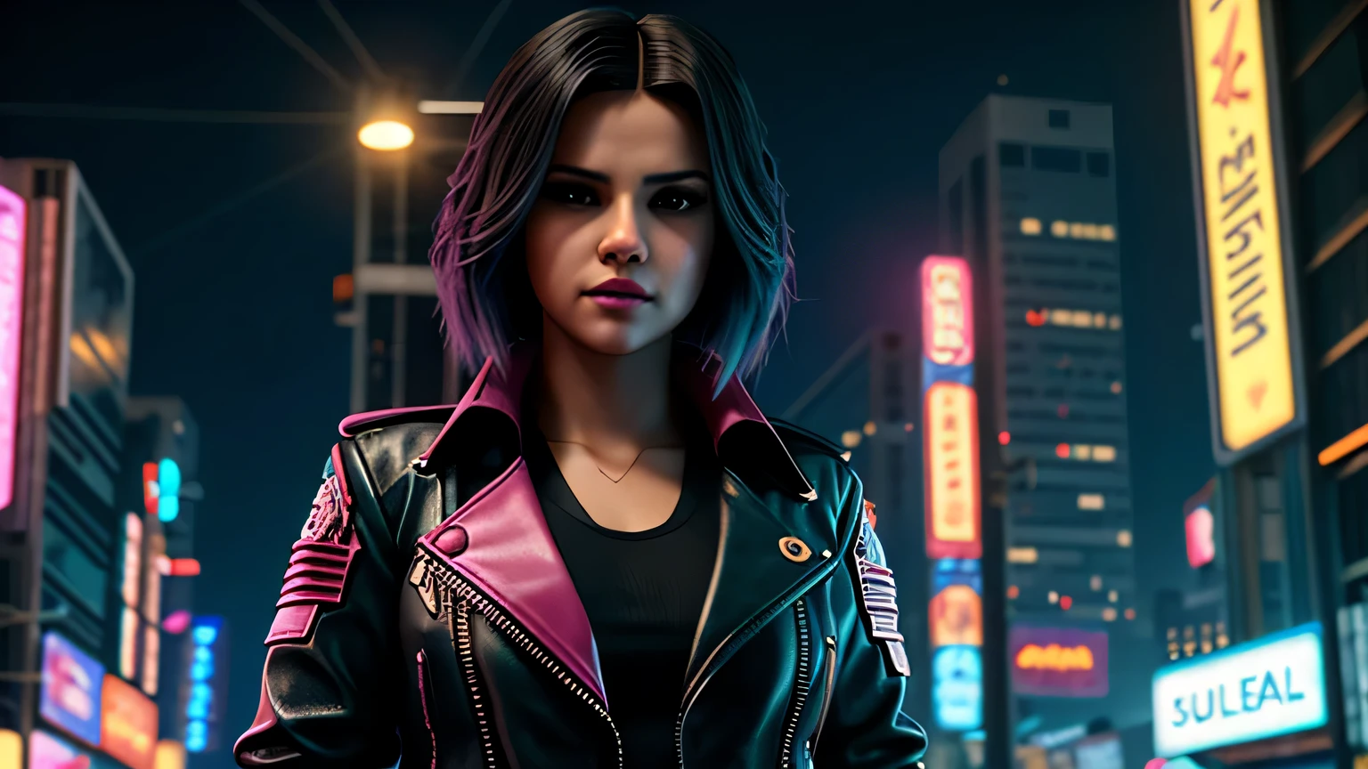 retrato em close de Selena Gomez, arte conceitual detalhada do personagem, inspirado em Magali Villeneuve, realista, retrato de personagem de fantasia, Ciberpunk, motor irreal 5, estilo RPG, trends on artstation, Qualidade da CGSociedade, Fundo Bokeh, foco suave, Lente de 35 mm, jaqueta de couro, textura de couro complexa, Ciberpunk outfit, olhar confiante, Estilo de arte de Alexandra Fomina, ((masterfully crafted Ciberpunk clothes, olhos expressivos, postura forte), fotografia profissional, Dynamic Posture, Texturas de alta fidelidade), cinematic lighting, cores atraentes, volumetric neon lightning, vivid neon lights, cores vivas, close up photo at eye level, High definition, efeitos de alta fidelidade, Octane rendering, arte da nintendo