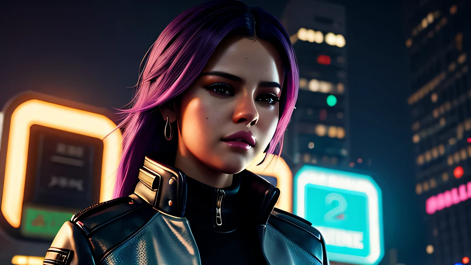 ((Best quality)), ((masterpiece)), (detailed:1.4), 3D, an image of a beautiful cyberpunk female,HDR (High Dynamic Range),Ray Tracing,NVIDIA RTX,Super-Resolution,Unreal 5,Subsurface scattering,PBR Texturing,Post-processing,Anisotropic Filtering,Depth-of-field,Maximum clarity and sharpness,Multi-layered textures,Albedo and Specular maps,Surface shading,Accurate simulation of light-material interaction,Perfect proportions,Octane Render,Two-tone lighting,Wide aperture,Low ISO,White balance,Rule of thirds,8K RAW, Background detailed Cyber City, Neon City, Detailed City 2099, Wearing black biker leather, revealing biker leather, purple braided hair, (Shorter hair on sides), Only hair in middle, Tattoo on head