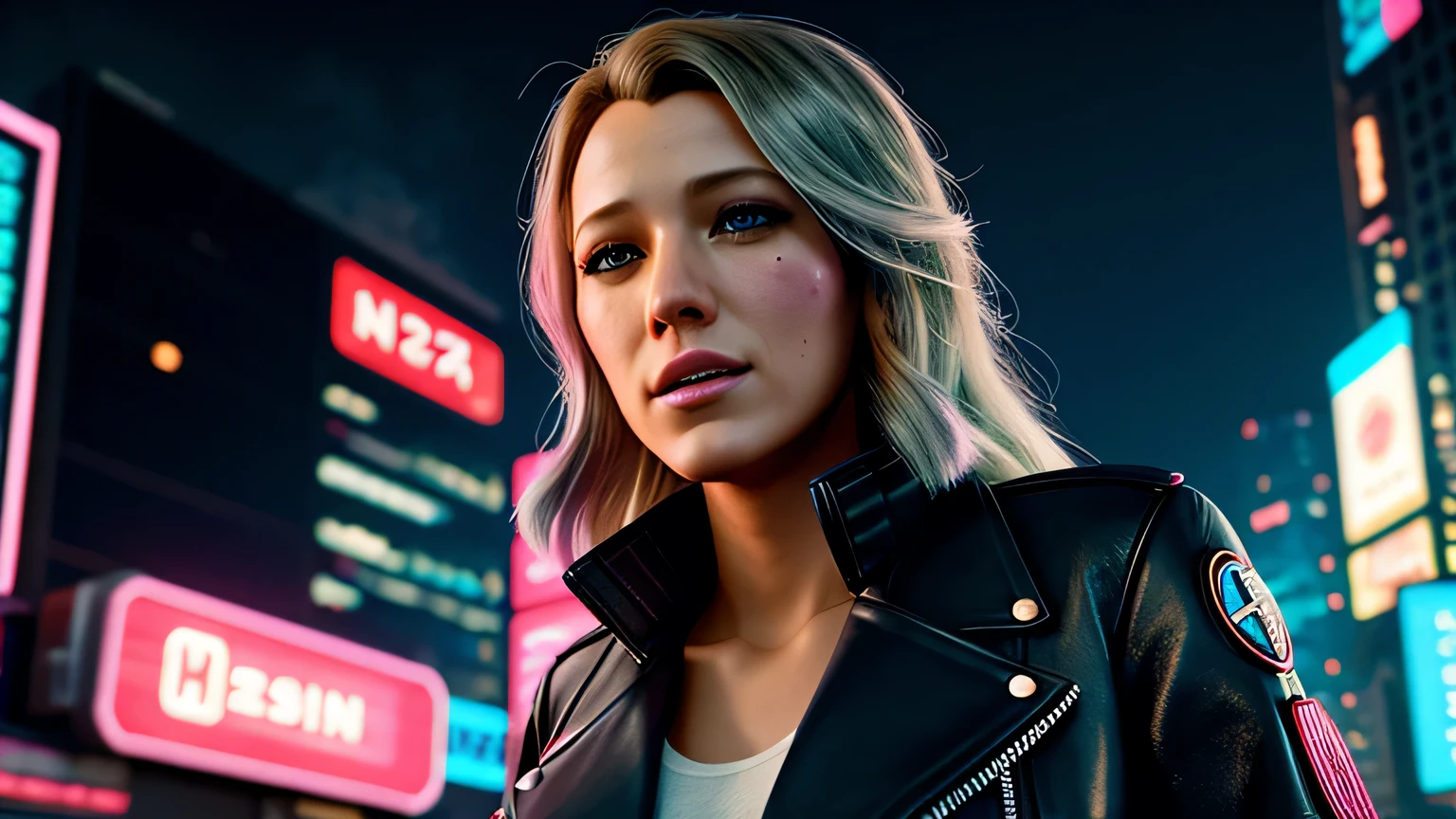 retrato em close de Blake Lively, arte conceitual detalhada do personagem, inspirado em Magali Villeneuve, realista, retrato de personagem de fantasia, Ciberpunk, motor irreal 5, estilo RPG, trends on artstation, Qualidade da CGSociedade, Fundo Bokeh, foco suave, Lente de 35 mm, jaqueta de couro, textura de couro complexa, Ciberpunk outfit, olhar confiante, Estilo de arte de Alexandra Fomina, ((masterfully crafted Ciberpunk clothes, olhos expressivos, postura forte), fotografia profissional, Dynamic Posture, Texturas de alta fidelidade), cinematic lighting, cores atraentes, volumetric neon lightning, vivid neon lights, cores vivas, close up photo at eye level, High definition, efeitos de alta fidelidade, Octane rendering, arte da nintendo