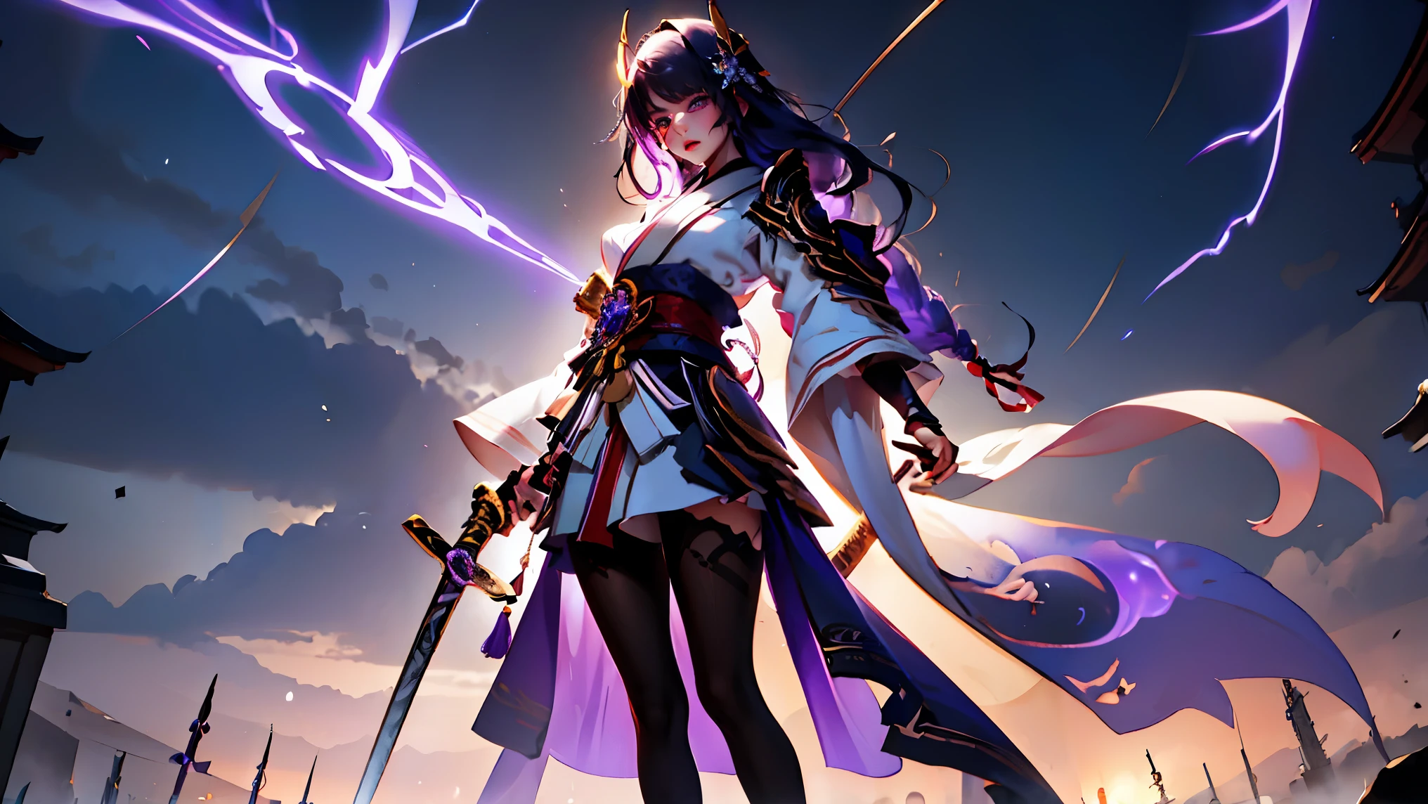 masterpiece, shogun, 1girl, solo, long hair, looking at viewer, black hair, hair ornament, long sleeves, holding, medium breasts, very long hair, standing, purple eyes, full body, weapon, purple hair, braid, flower, pantyhose, outdoors, parted lips, japanese clothes, sky, sword, wide sleeves, kimono, mole, black pantyhose, sash, mole under eye, night, holding long sword made of purple lightning hiding one eye, obi, long katana made of purple lightning , tassel, dark sky, purple lightning on background, bridal gauntlets, thighband pantyhose, espressionless eyes and mouth