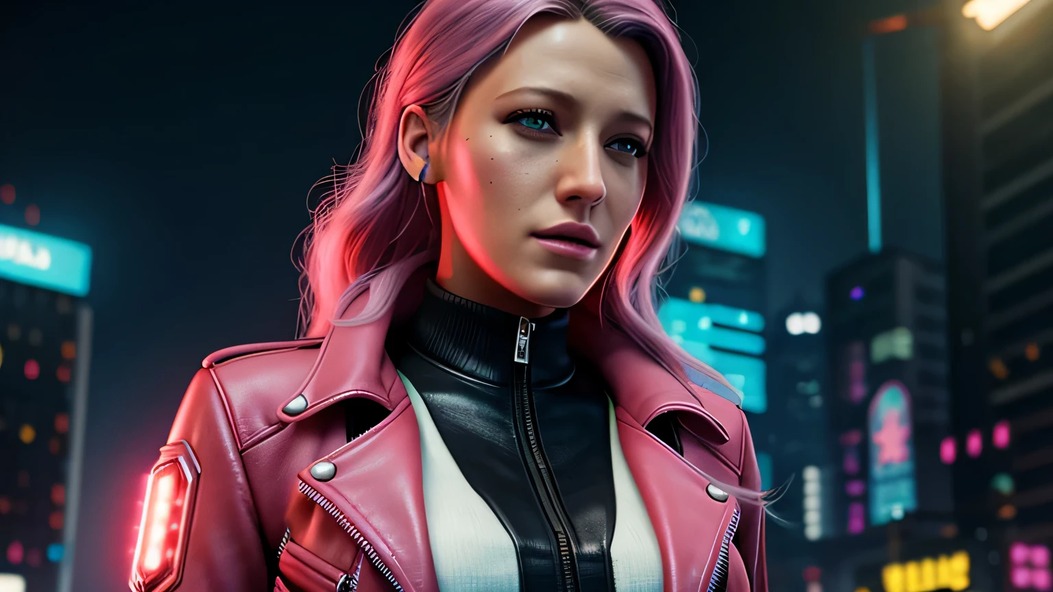 retrato em close de Blake Lively, arte conceitual detalhada do personagem, inspirado em Magali Villeneuve, realista, retrato de personagem de fantasia, Ciberpunk, motor irreal 5, estilo RPG, trends on artstation, Qualidade da CGSociedade, Fundo Bokeh, foco suave, Lente de 35 mm, jaqueta de couro, textura de couro complexa, Ciberpunk outfit, olhar confiante, Estilo de arte de Alexandra Fomina, ((masterfully crafted Ciberpunk clothes, olhos expressivos, postura forte), fotografia profissional, Dynamic Posture, Texturas de alta fidelidade), cinematic lighting, cores atraentes, volumetric neon lightning, vivid neon lights, cores vivas, close up photo at eye level, High definition, efeitos de alta fidelidade, Octane rendering, arte da nintendo