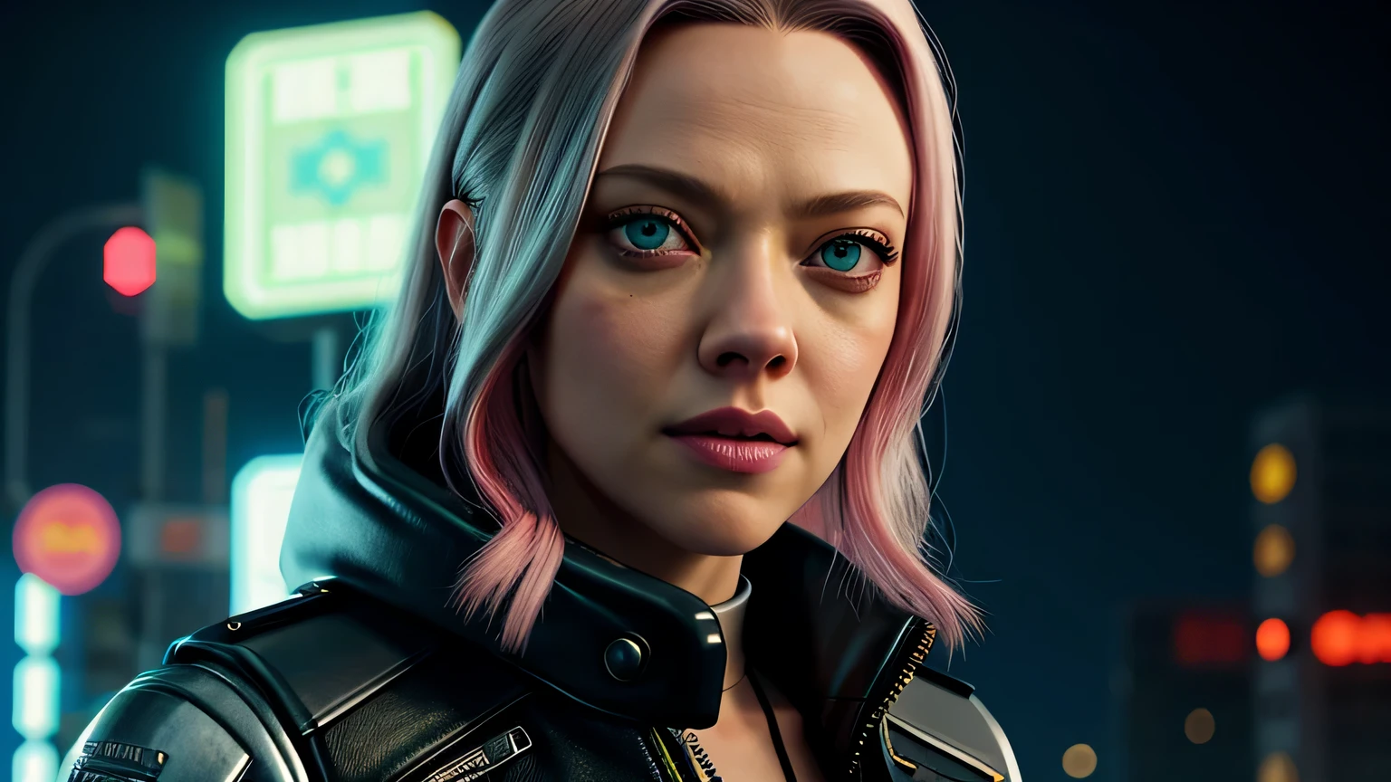 retrato em close de Amanda Seyfried, arte conceitual detalhada do personagem, inspirado em Magali Villeneuve, realista, retrato de personagem de fantasia, Ciberpunk, motor irreal 5, estilo RPG, trends on artstation, Qualidade da CGSociedade, Fundo Bokeh, foco suave, Lente de 35 mm, jaqueta de couro, textura de couro complexa, Ciberpunk outfit, olhar confiante, Estilo de arte de Alexandra Fomina, ((masterfully crafted Ciberpunk clothes, olhos expressivos, postura forte), fotografia profissional, Dynamic Posture, Texturas de alta fidelidade), cinematic lighting, cores atraentes, volumetric neon lightning, vivid neon lights, cores vivas, close up photo at eye level, High definition, efeitos de alta fidelidade, Octane rendering, arte da nintendo