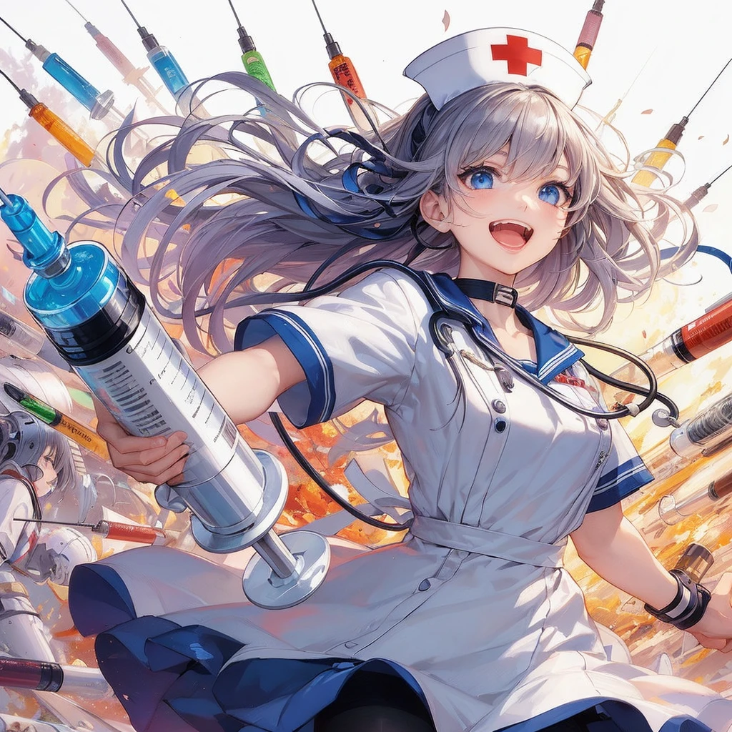 masterpiece,best quality,top quality,detailed face,detailed eyes,detailed hair,detailed line,
wallpaper,anime illustration,official art,thin line,artistic,
a girl wearing nurse uniform,holding a huge syringe,run around the battlefield,smile,dynamic pose,
dynamic angle,seen from side view,