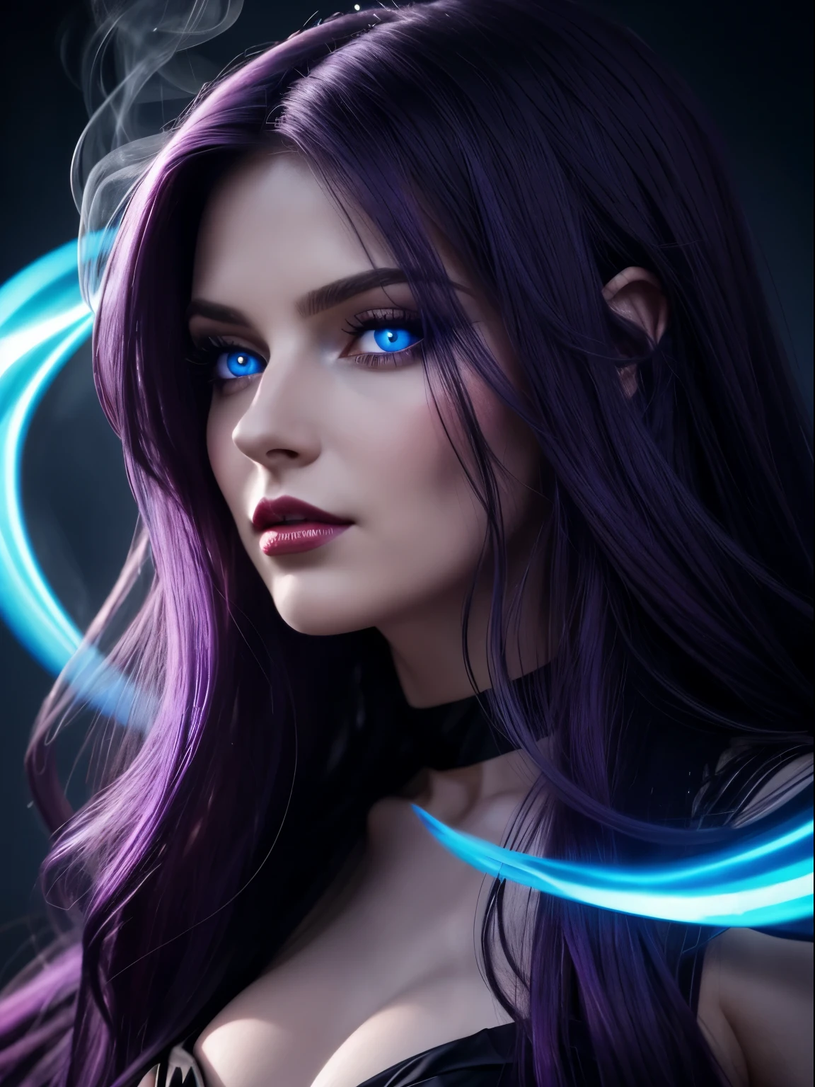 best quality, close-up, 8k, 30-year-old woman, long flowing purple hair, mesmerizing blue eyes, luscious red lips, wearing silky black dress, alluring evil woman, sexy woman with hourglass figure, looking at viewer, wanting a kiss, smoky background with bioluminescent light, facing viewer, highly detailed face, extremely beautiful, floating smoke wisps, V0id3nergy, mana, shadows, epic atmosphere