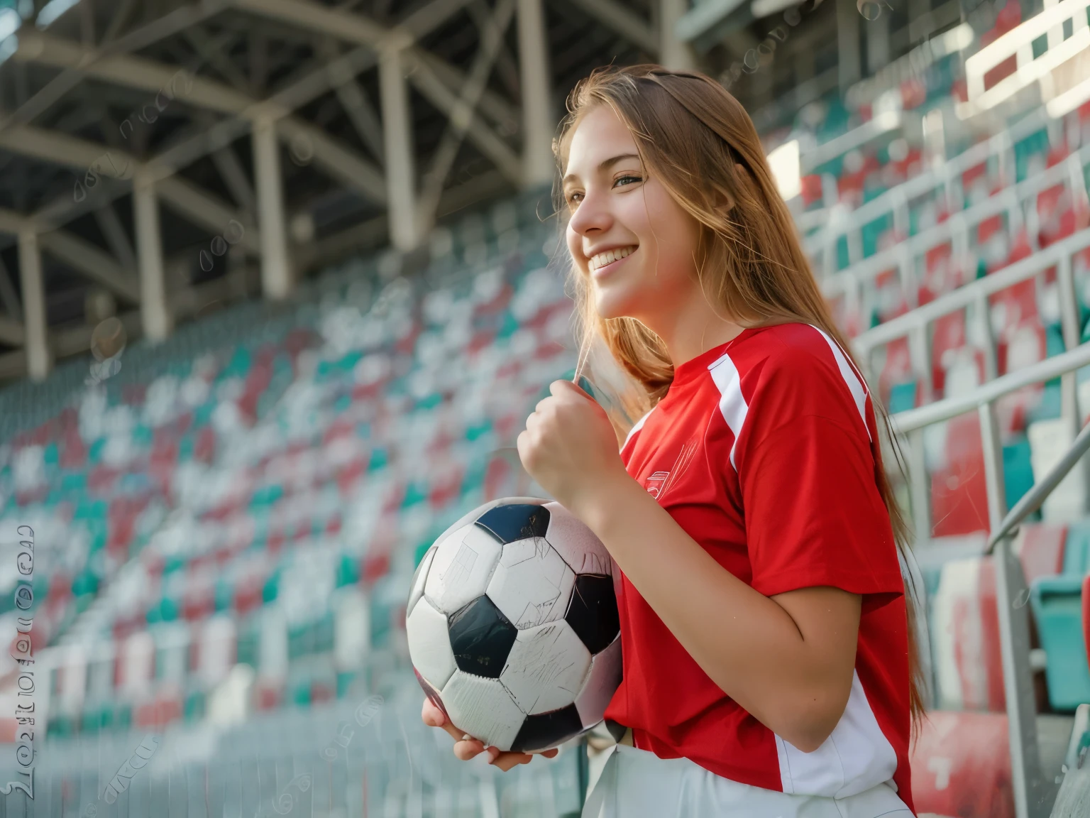 arafed girl in red shirt holding a soccer ball in a stadium, standing in a stadium, holding a football, holding a ball, soccer ball against her foot, soccer player, photo of the girl, playing soccer, she is smiling and excited, shutterstock, teen girl, teenager girl, on a soccer field, beautiful lady, attractive girl, young female, woman