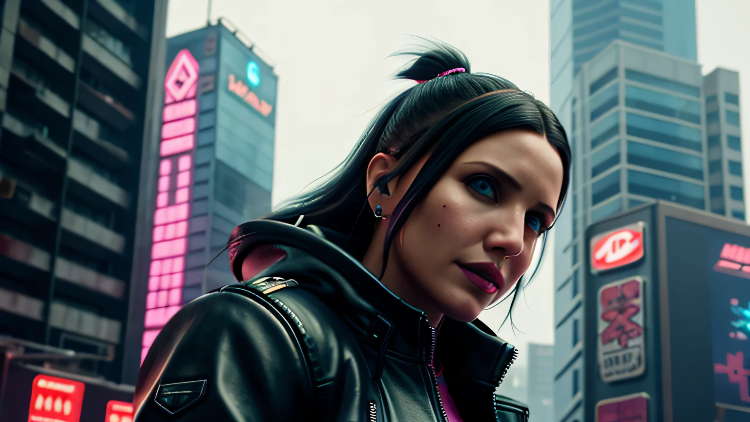 retrato em close de Cameron Diaz, arte conceitual detalhada do personagem, inspirado em Magali Villeneuve, realista, retrato de personagem de fantasia, Ciberpunk, motor irreal 5, estilo RPG, trends on artstation, Qualidade da CGSociedade, Fundo Bokeh, foco suave, Lente de 35 mm, jaqueta de couro, textura de couro complexa, Ciberpunk outfit, olhar confiante, Estilo de arte de Alexandra Fomina, ((masterfully crafted Ciberpunk clothes, olhos expressivos, postura forte), fotografia profissional, Dynamic Posture, Texturas de alta fidelidade), cinematic lighting, cores atraentes, volumetric neon lightning, vivid neon lights, cores vivas, close up photo at eye level, High definition, efeitos de alta fidelidade, Octane rendering, arte da nintendo