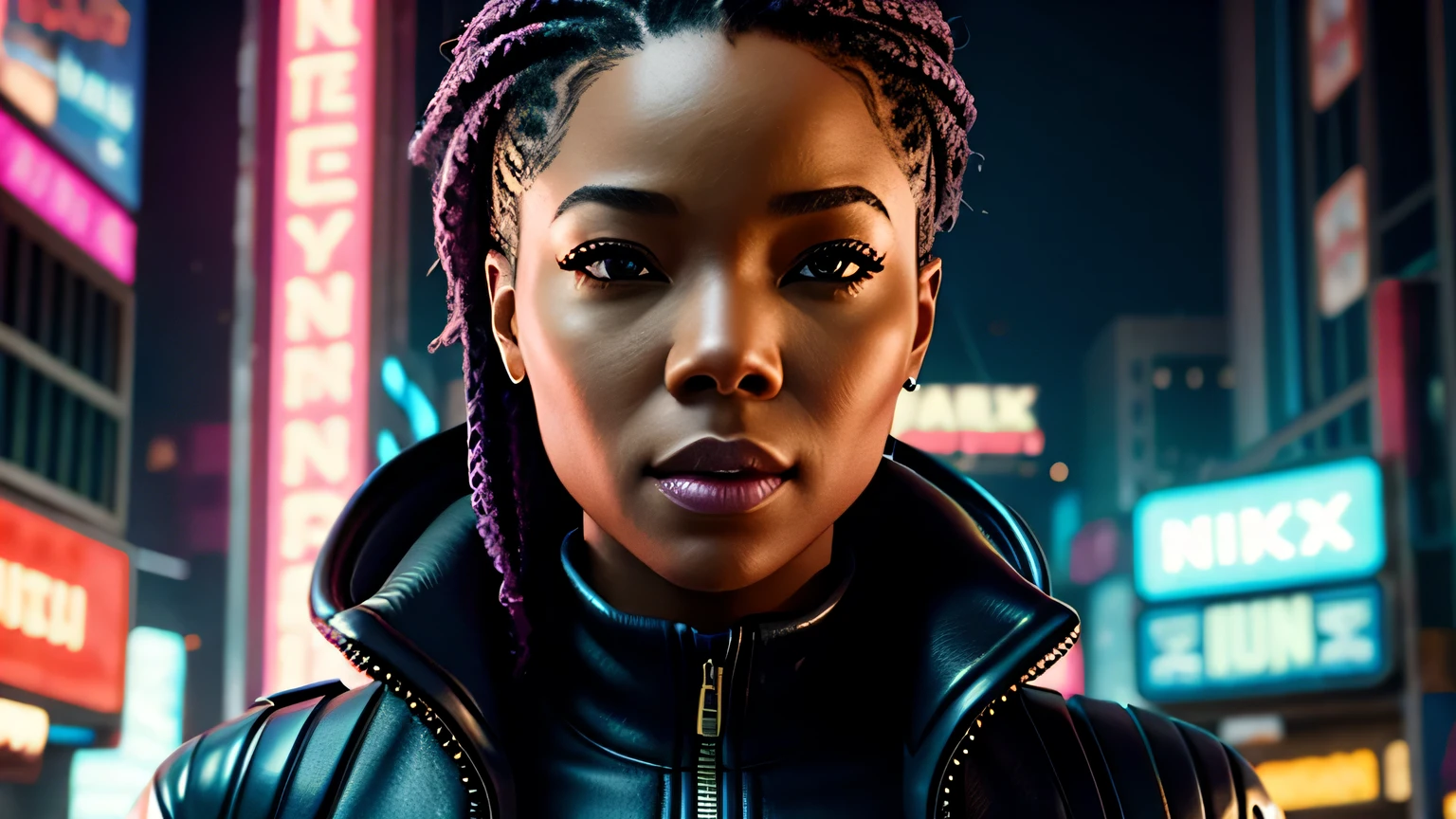 retrato em close de Gabrielle Union, arte conceitual detalhada do personagem, inspirado em Magali Villeneuve, realista, retrato de personagem de fantasia, Ciberpunk, motor irreal 5, estilo RPG, trends on artstation, Qualidade da CGSociedade, Fundo Bokeh, foco suave, Lente de 35 mm, jaqueta de couro, textura de couro complexa, Ciberpunk outfit, olhar confiante, Estilo de arte de Alexandra Fomina, ((masterfully crafted Ciberpunk clothes, olhos expressivos, postura forte), fotografia profissional, Dynamic Posture, Texturas de alta fidelidade), cinematic lighting, cores atraentes, volumetric neon lightning, vivid neon lights, cores vivas, close up photo at eye level, High definition, efeitos de alta fidelidade, Octane rendering, arte da nintendo