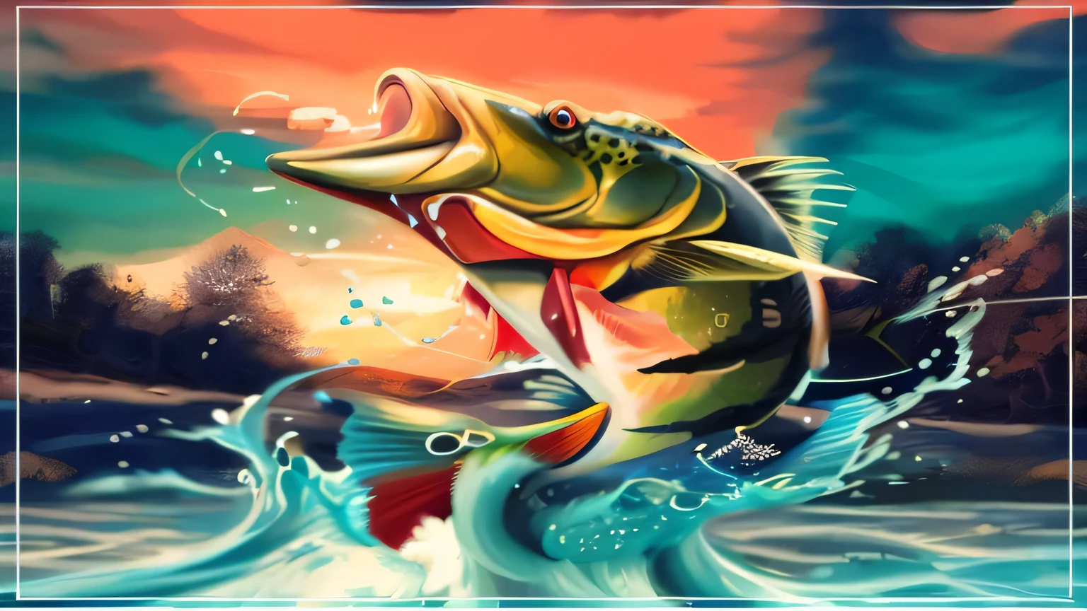 painting of a large mouth bass jumping out of the water, stylized digital illustration, artistic illustration, Arte digital surrealista, Arte digital estilizada, linda arte digital, colorful digital illustration, pesca do robalo, arte de pintura digital dos desenhos animados, artistic digital art, arte do photoshop, digital oil painting with airbrush, no style gives digital painting, in illustration style digital