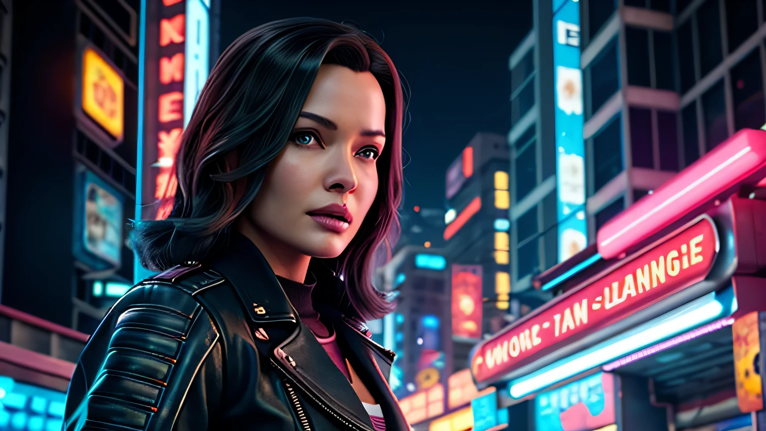 retrato em close de Gene Tierney, arte conceitual detalhada do personagem, inspirado em Magali Villeneuve, realista, retrato de personagem de fantasia, Ciberpunk, motor irreal 5, estilo RPG, trends on artstation, Qualidade da CGSociedade, Fundo Bokeh, foco suave, Lente de 35 mm, jaqueta de couro, textura de couro complexa, Ciberpunk outfit, olhar confiante, Estilo de arte de Alexandra Fomina, ((masterfully crafted Ciberpunk clothes, olhos expressivos, postura forte), fotografia profissional, Dynamic Posture, Texturas de alta fidelidade), cinematic lighting, cores atraentes, volumetric neon lightning, vivid neon lights, cores vivas, close up photo at eye level, High definition, efeitos de alta fidelidade, Octane rendering, arte da nintendo