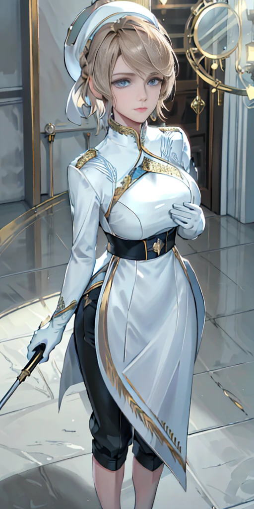 Best image quality, 4k, masterpiece, female, short silver white hair with long braids, beautiful mature bimbo milf, light brown hair, light blue eyes, sharp eyes looking at the camera, face focus, delicate facial features, white uniform, white gloves hat, arms holding flowers (bouquet), artistic lighting, portraiture, face magnification, [elegant demeanor, dignified atmosphere and excellent posture that catches the eye + beautiful face + portrait painting effect] (large breasts:1.5) (beautiful detailed eyes) (smile:1.2) (closed mouth) sharp focus, depth of field, good composition, stockings, toned body, athletic, wide hips, thin waist, toned arms, exposed abdomen, view from behind