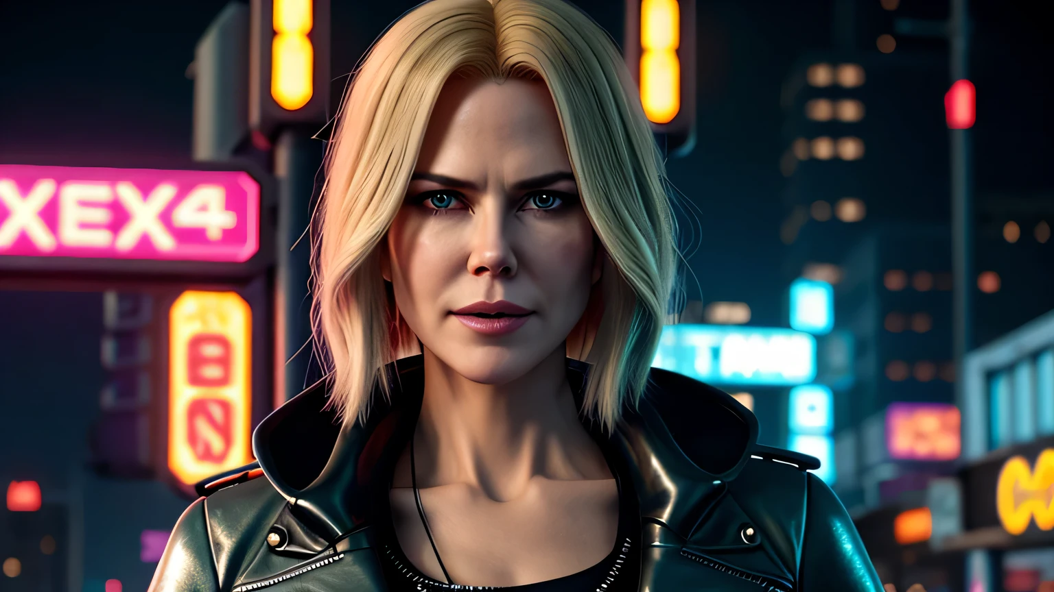 retrato em close de Nicole Kidman, arte conceitual detalhada do personagem, inspirado em Magali Villeneuve, realista, retrato de personagem de fantasia, Ciberpunk, motor irreal 5, estilo RPG, trends on artstation, Qualidade da CGSociedade, Fundo Bokeh, foco suave, Lente de 35 mm, jaqueta de couro, textura de couro complexa, Ciberpunk outfit, olhar confiante, Estilo de arte de Alexandra Fomina, ((masterfully crafted Ciberpunk clothes, olhos expressivos, postura forte), fotografia profissional, Dynamic Posture, Texturas de alta fidelidade), cinematic lighting, cores atraentes, volumetric neon lightning, vivid neon lights, cores vivas, close up photo at eye level, High definition, efeitos de alta fidelidade, Octane rendering, arte da nintendo