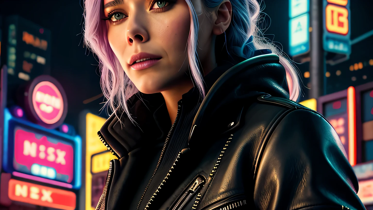 retrato em close de Elizabeth Olsen, arte conceitual detalhada do personagem, inspirado em Magali Villeneuve, realista, retrato de personagem de fantasia, Ciberpunk, motor irreal 5, estilo RPG, trends on artstation, Qualidade da CGSociedade, Fundo Bokeh, foco suave, Lente de 35 mm, jaqueta de couro, textura de couro complexa, Ciberpunk outfit, olhar confiante, Estilo de arte de Alexandra Fomina, ((masterfully crafted Ciberpunk clothes, olhos expressivos, postura forte), fotografia profissional, Dynamic Posture, Texturas de alta fidelidade), cinematic lighting, cores atraentes, volumetric neon lightning, vivid neon lights, cores vivas, close up photo at eye level, High definition, efeitos de alta fidelidade, Octane rendering, arte da nintendo