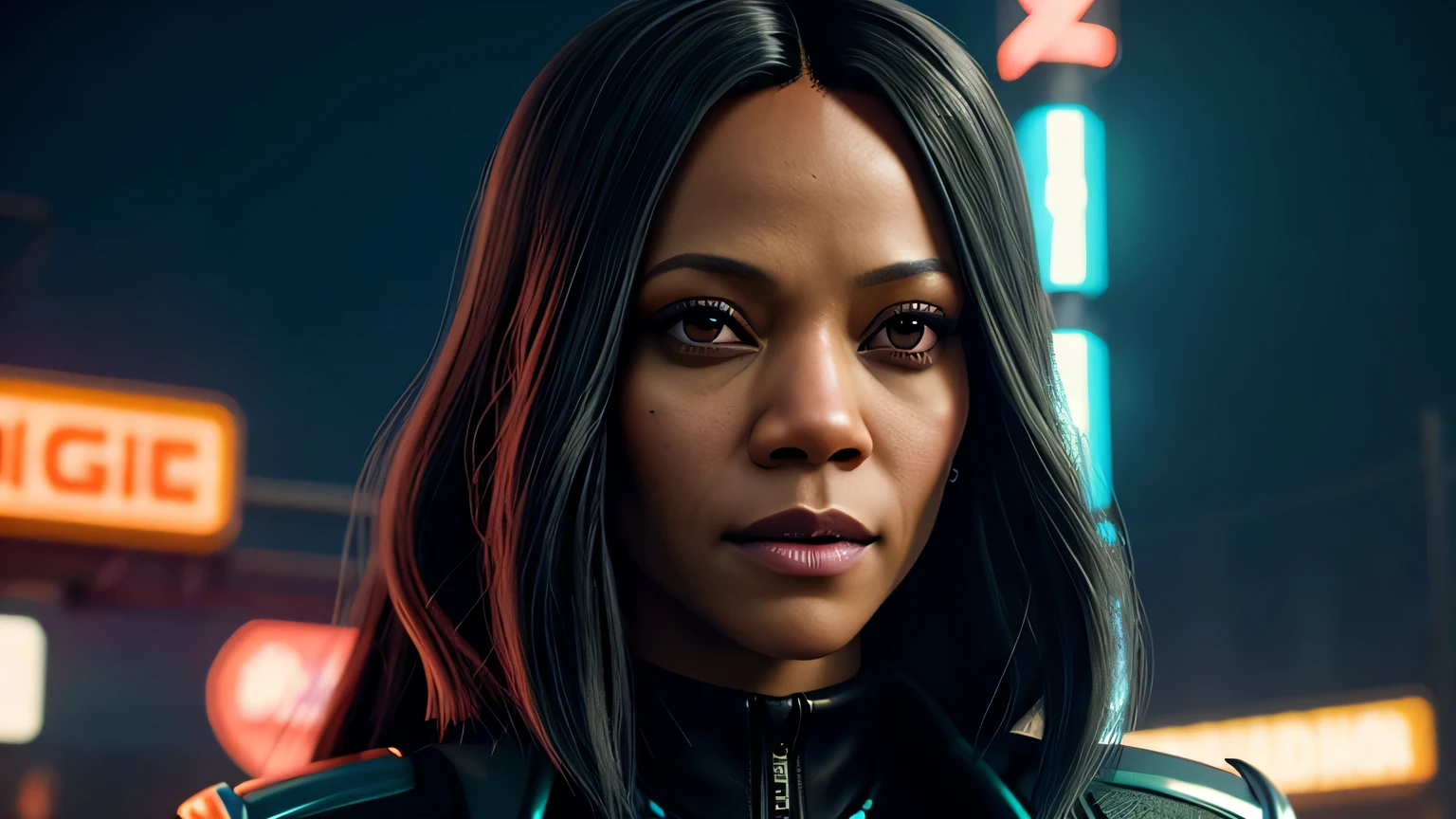 retrato em close de Zoe Saldana, arte conceitual detalhada do personagem, inspirado em Magali Villeneuve, realista, retrato de personagem de fantasia, Ciberpunk, motor irreal 5, estilo RPG, trends on artstation, Qualidade da CGSociedade, Fundo Bokeh, foco suave, Lente de 35 mm, jaqueta de couro, textura de couro complexa, Ciberpunk outfit, olhar confiante, Estilo de arte de Alexandra Fomina, ((masterfully crafted Ciberpunk clothes, olhos expressivos, postura forte), fotografia profissional, Dynamic Posture, Texturas de alta fidelidade), cinematic lighting, cores atraentes, volumetric neon lightning, vivid neon lights, cores vivas, close up photo at eye level, High definition, efeitos de alta fidelidade, Octane rendering, arte da nintendo