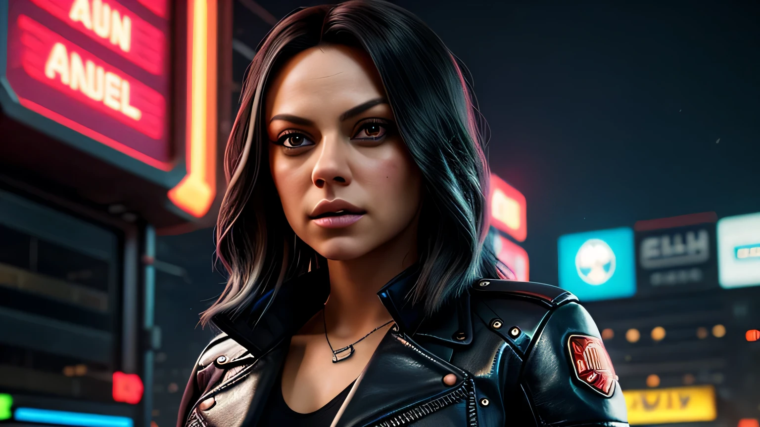 retrato em close de Mila Kunis, arte conceitual detalhada do personagem, inspirado em Magali Villeneuve, realista, retrato de personagem de fantasia, Ciberpunk, motor irreal 5, estilo RPG, trends on artstation, Qualidade da CGSociedade, Fundo Bokeh, foco suave, Lente de 35 mm, jaqueta de couro, textura de couro complexa, Ciberpunk outfit, olhar confiante, Estilo de arte de Alexandra Fomina, ((masterfully crafted Ciberpunk clothes, olhos expressivos, postura forte), fotografia profissional, Dynamic Posture, Texturas de alta fidelidade), cinematic lighting, cores atraentes, volumetric neon lightning, vivid neon lights, cores vivas, close up photo at eye level, High definition, efeitos de alta fidelidade, Octane rendering, arte da nintendo