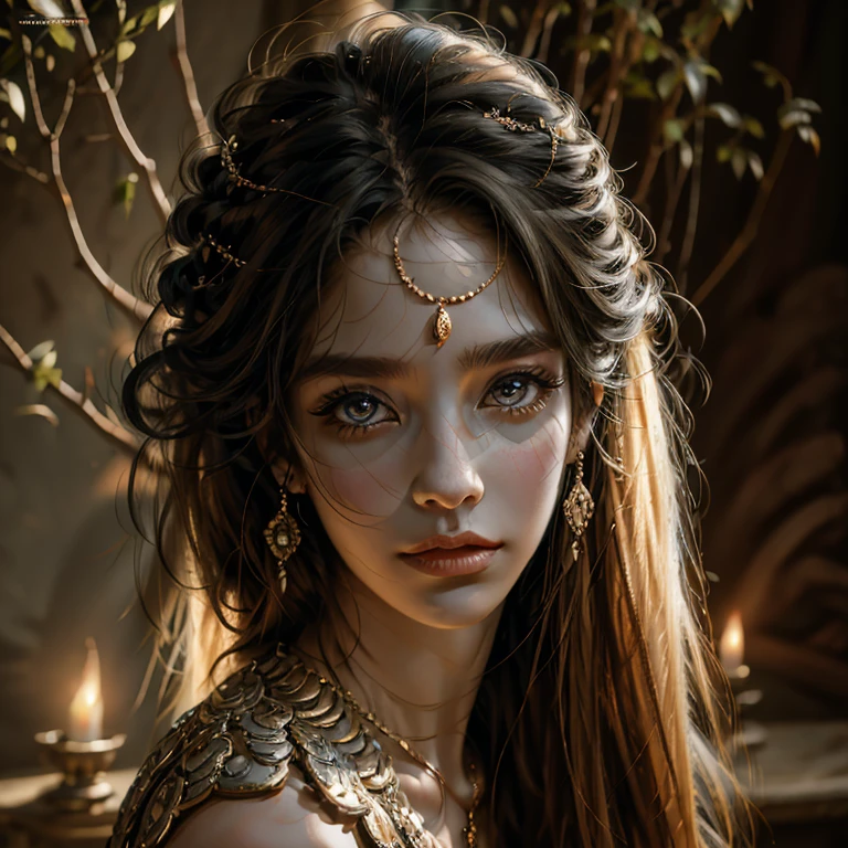 best quality,4k,8k,highres,masterpiece:1.2,ultra-detailed,realistic:1.37,figure painting,portrait,traditional oil painting,Naga sculpture,exquisite detailing,serene expression,enchanting gaze,scales and patterns,details of the face and body,flowing hair,fine brushwork,subtle shading,vivid colors,soft lighting,mythical creature,wisdom and beauty