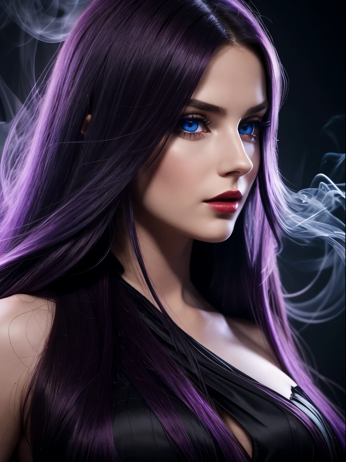 Close up of a sexy enchanting sorceress in black dress, hourglass figure, flowing purple hair, lush purple lips, mesmerizing blue eyes, highly detailed eyes, curvy, looking at viewer, coy smile, purple haired sorceress, young, beautiful, powerful, magical woman, dark fantasy, sexy girl, super villain, real, high detail, best quality
