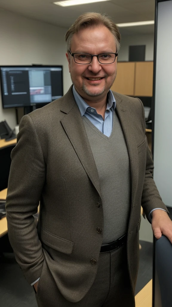 there is a man with glasses and a sweater and slacks on smiling, this person does not exist, 50 years old, aged face and skin, slightly chubby, standing inside of an office, thierry doizon-zdislav beksinsk-andreas achenbac-frederic daoust-andreas rochas-zdzislaw beksinksi-francois schuiten-stephane martiniere-cedric peyranavernay-philippe dru-merged, entire body visible, full body, hyperrealistic, best quality, 8K, real human skin, masterpiece, extremely intricate, medium closeup, detailed eyes, detailed face, detailed body, exaggerated features, pronounced features