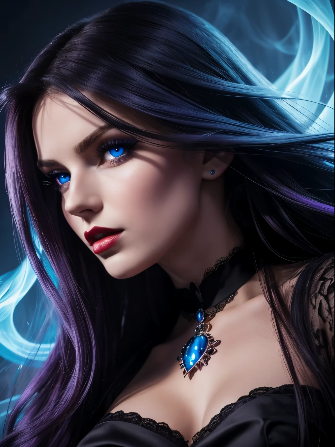 best quality, close-up, 8k, 25-year-old woman, long flowing purple hair, mesmerizing blue eyes, luscious red lips, wearing silky black dress, alluring evil woman, sexy woman with hourglass figure, looking at viewer, wanting a kiss, smoky background, facing viewer, highly detailed face, extremely beautiful, floating smoke wisps, V0id3nergy, mana, shadows, epic atmosphere