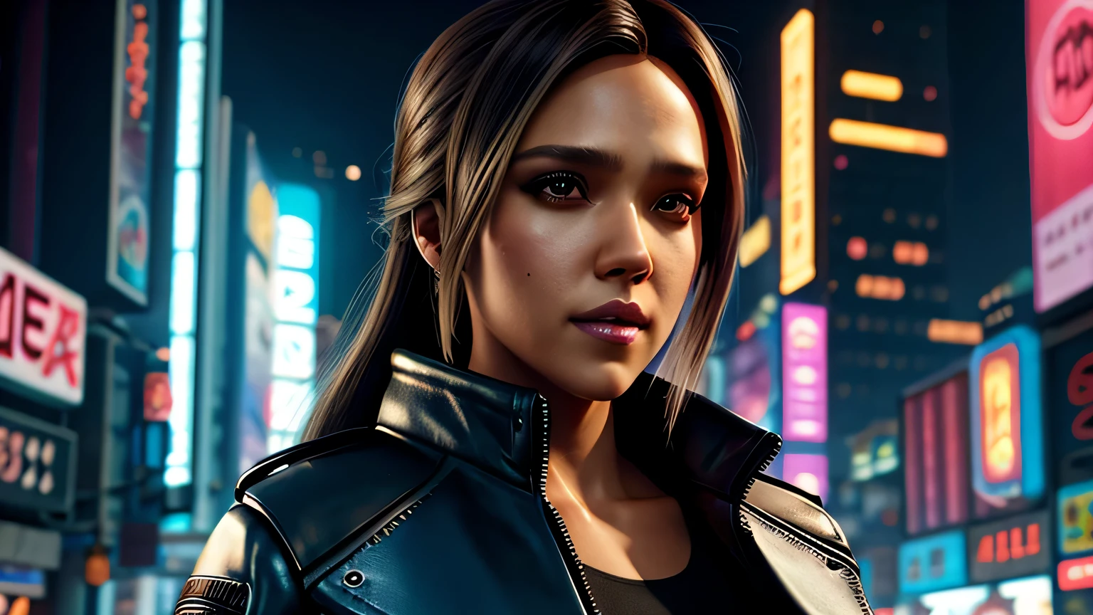 retrato em close de Jessica Alba, arte conceitual detalhada do personagem, inspirado em Magali Villeneuve, realista, retrato de personagem de fantasia, Ciberpunk, motor irreal 5, estilo RPG, trends on artstation, Qualidade da CGSociedade, Fundo Bokeh, foco suave, Lente de 35 mm, jaqueta de couro, textura de couro complexa, Ciberpunk outfit, olhar confiante, Estilo de arte de Alexandra Fomina, ((masterfully crafted Ciberpunk clothes, olhos expressivos, postura forte), fotografia profissional, Dynamic Posture, Texturas de alta fidelidade), cinematic lighting, cores atraentes, volumetric neon lightning, vivid neon lights, cores vivas, close up photo at eye level, High definition, efeitos de alta fidelidade, Octane rendering, arte da nintendo