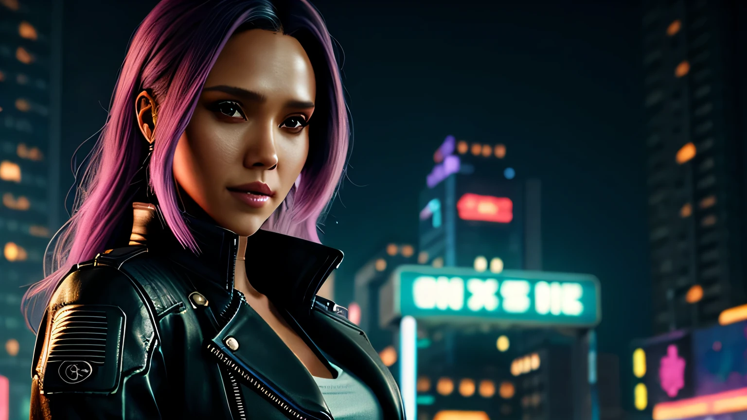 retrato em close de Jessica Alba, arte conceitual detalhada do personagem, inspirado em Magali Villeneuve, realista, retrato de personagem de fantasia, Ciberpunk, motor irreal 5, estilo RPG, trends on artstation, Qualidade da CGSociedade, Fundo Bokeh, foco suave, Lente de 35 mm, jaqueta de couro, textura de couro complexa, Ciberpunk outfit, olhar confiante, Estilo de arte de Alexandra Fomina, ((masterfully crafted Ciberpunk clothes, olhos expressivos, postura forte), fotografia profissional, Dynamic Posture, Texturas de alta fidelidade), cinematic lighting, cores atraentes, volumetric neon lightning, vivid neon lights, cores vivas, close up photo at eye level, High definition, efeitos de alta fidelidade, Octane rendering, arte da nintendo