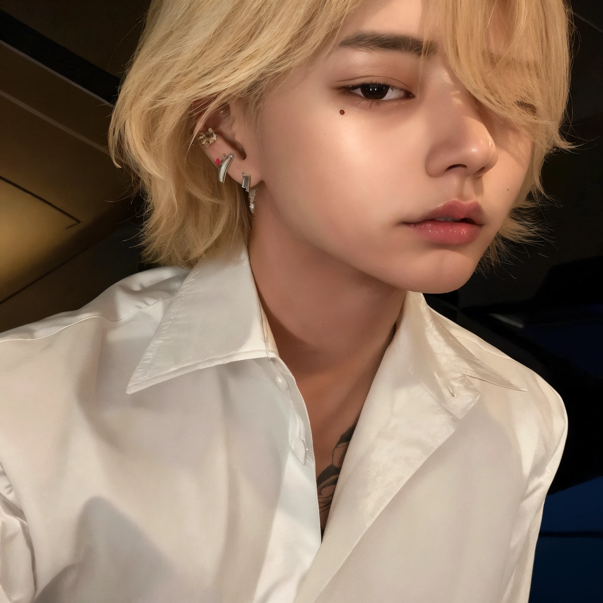 arafed man with blonde hair and piercings wearing a white shirt, cai xukun, jinyoung shin, kim doyoung, male ulzzang, hyung tae, taken in the early 2020s, delicate androgynous prince, taejune kim, with short hair, jungkook, jinyoung shin aesthetic, Stray Kids Lee Felix