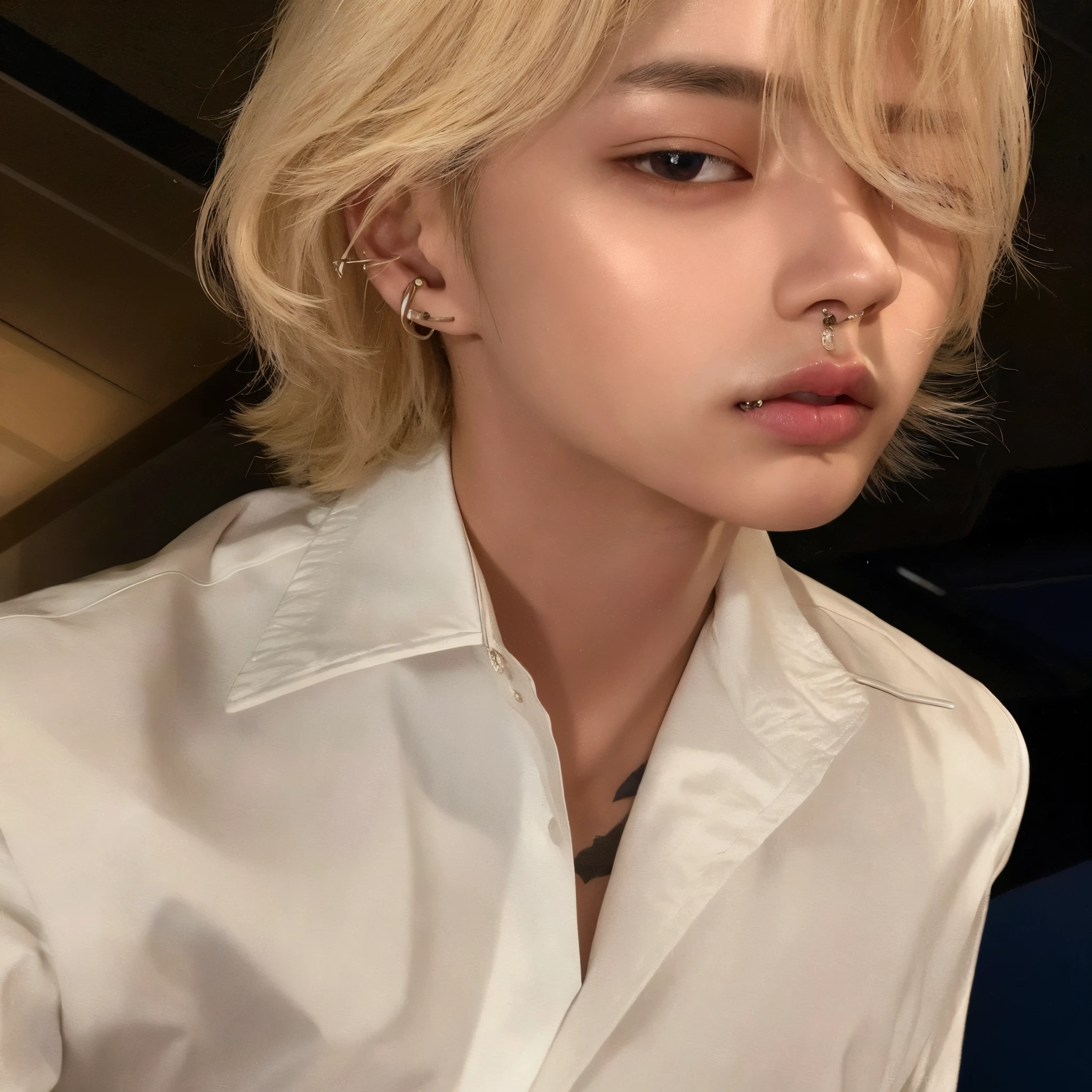 arafed man with blonde hair and piercings wearing a white shirt, cai xukun, jinyoung shin, kim doyoung, male ulzzang, hyung tae, taken in the early 2020s, delicate androgynous prince, taejune kim, with short hair, jungkook, jinyoung shin aesthetic, Stray Kids Lee Felix