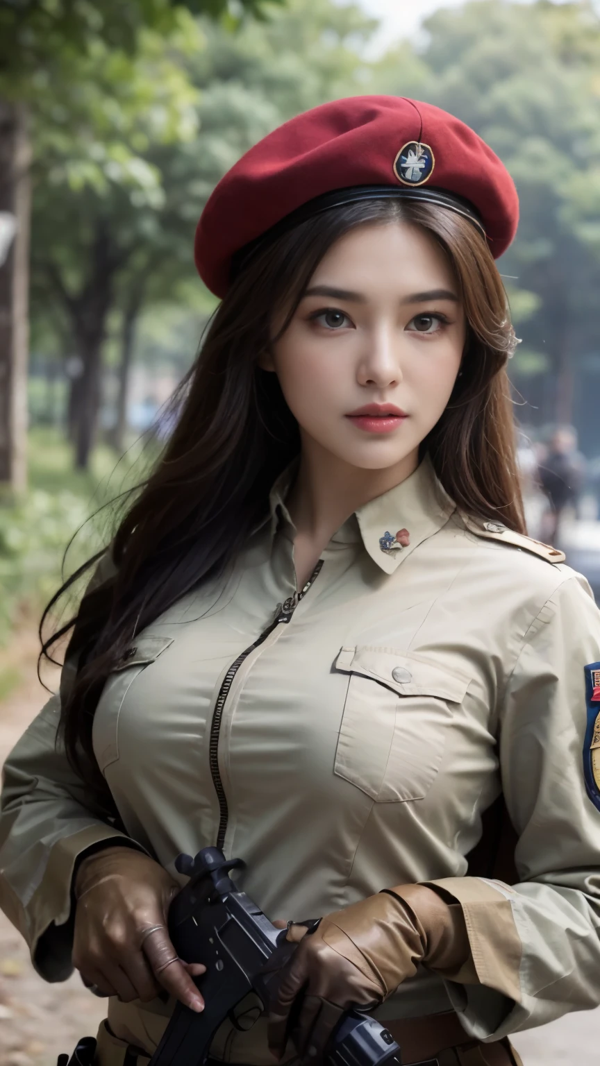 ((Best Quality, 8k, Masterpiece:1.3)), Focus:1.2, Perfect Body Beauty:1.4, ((Delicate Hair)), (Military Uniform:1.1), (Red Beret Army: 1.1), (Firearms: 1.1), (Soldier Uniform: 1.1), Military Coat: 1.1) Highly detailed face and skin texture, Detailed eyes, Double eyelids, whitening skin, Big breasts, smile, in the jungle, super detailed face, super detailed eyes, super detailed, hands, super detailed fingers, super detailed body, super fine body, super fine face, super fine eyes, super fine fingers, super fine hands, super fine foots, Holding firearms, rifle, Soldier, Perfect Soldier, weapon, rifle, special force, military, Super detailed firearms, Super Detailed Military Coat, Army, Super fine firearms, Super detailed Beret, Super detailed firearms, Super realistic firearms, super detailed rifle, super realistic, muscular, female soldier, Commissioned Officer, high ranking officer, general rank, with a view of the self-propelled artillery behind her, Super Detailed red beret, realistic view, perfect lighting, military vehicle, army beret