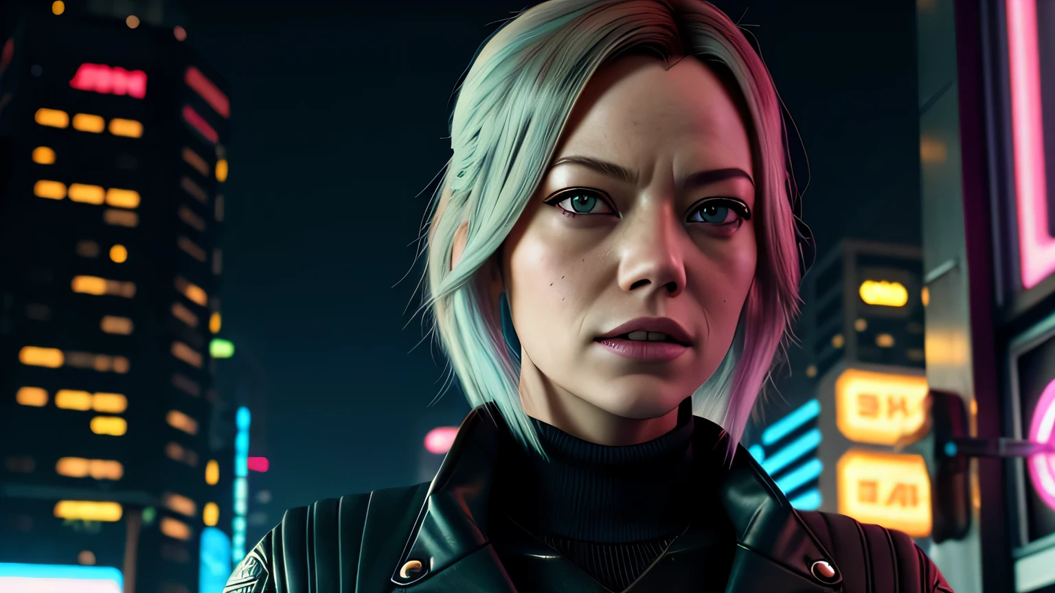 retrato em close de Emma Stone, arte conceitual detalhada do personagem, inspirado em Magali Villeneuve, realista, retrato de personagem de fantasia, Ciberpunk, motor irreal 5, estilo RPG, trends on artstation, Qualidade da CGSociedade, Fundo Bokeh, foco suave, Lente de 35 mm, jaqueta de couro, textura de couro complexa, Ciberpunk outfit, olhar confiante, Estilo de arte de Alexandra Fomina, ((masterfully crafted Ciberpunk clothes, olhos expressivos, postura forte), fotografia profissional, Dynamic Posture, Texturas de alta fidelidade), cinematic lighting, cores atraentes, volumetric neon lightning, vivid neon lights, cores vivas, close up photo at eye level, High definition, efeitos de alta fidelidade, Octane rendering, arte da nintendo