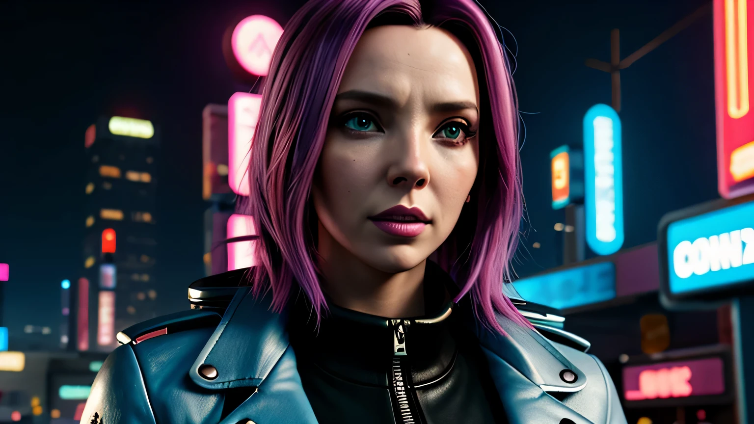 retrato em close de Jodie Comer, arte conceitual detalhada do personagem, inspirado em Magali Villeneuve, realista, retrato de personagem de fantasia, Ciberpunk, motor irreal 5, estilo RPG, trends on artstation, Qualidade da CGSociedade, Fundo Bokeh, foco suave, Lente de 35 mm, jaqueta de couro, textura de couro complexa, Ciberpunk outfit, olhar confiante, Estilo de arte de Alexandra Fomina, ((masterfully crafted Ciberpunk clothes, olhos expressivos, postura forte), fotografia profissional, Dynamic Posture, Texturas de alta fidelidade), cinematic lighting, cores atraentes, volumetric neon lightning, vivid neon lights, cores vivas, close up photo at eye level, High definition, efeitos de alta fidelidade, Octane rendering, arte da nintendo