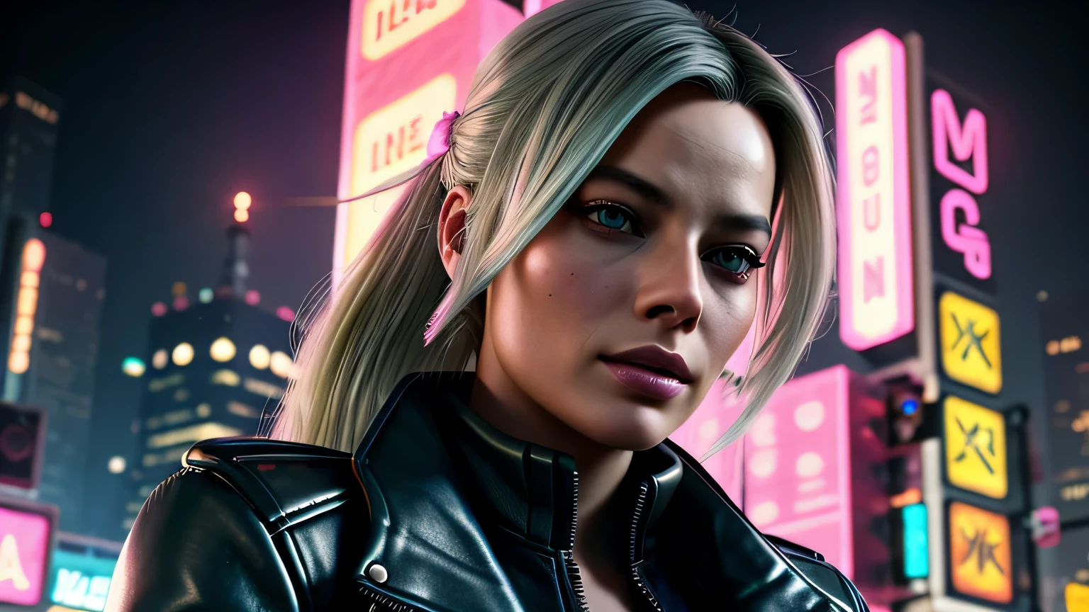 retrato em close de Margot Robbie, arte conceitual detalhada do personagem, inspirado em Magali Villeneuve, realista, retrato de personagem de fantasia, Ciberpunk, motor irreal 5, estilo RPG, trends on artstation, Qualidade da CGSociedade, Fundo Bokeh, foco suave, Lente de 35 mm, jaqueta de couro, textura de couro complexa, Ciberpunk outfit, olhar confiante, Estilo de arte de Alexandra Fomina, ((masterfully crafted Ciberpunk clothes, olhos expressivos, postura forte), fotografia profissional, Dynamic Posture, Texturas de alta fidelidade), cinematic lighting, cores atraentes, volumetric neon lightning, vivid neon lights, cores vivas, close up photo at eye level, High definition, efeitos de alta fidelidade, Octane rendering, arte da nintendo