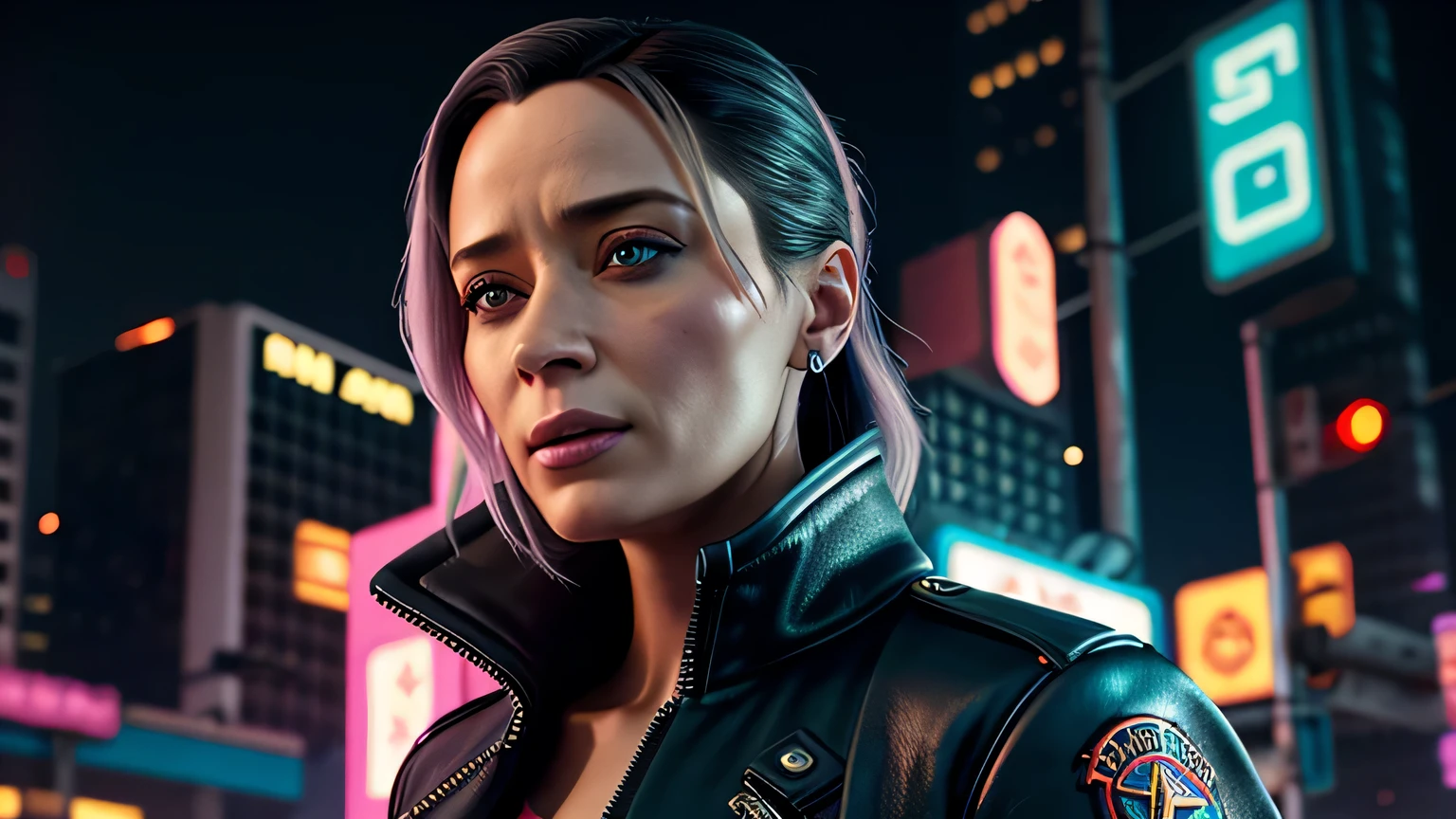 retrato em close de Emily Blunt, arte conceitual detalhada do personagem, inspirado em Magali Villeneuve, realista, retrato de personagem de fantasia, Ciberpunk, motor irreal 5, estilo RPG, trends on artstation, Qualidade da CGSociedade, Fundo Bokeh, foco suave, Lente de 35 mm, jaqueta de couro, textura de couro complexa, Ciberpunk outfit, olhar confiante, Estilo de arte de Alexandra Fomina, ((masterfully crafted Ciberpunk clothes, olhos expressivos, postura forte), fotografia profissional, Dynamic Posture, Texturas de alta fidelidade), cinematic lighting, cores atraentes, volumetric neon lightning, vivid neon lights, cores vivas, close up photo at eye level, High definition, efeitos de alta fidelidade, Octane rendering, arte da nintendo