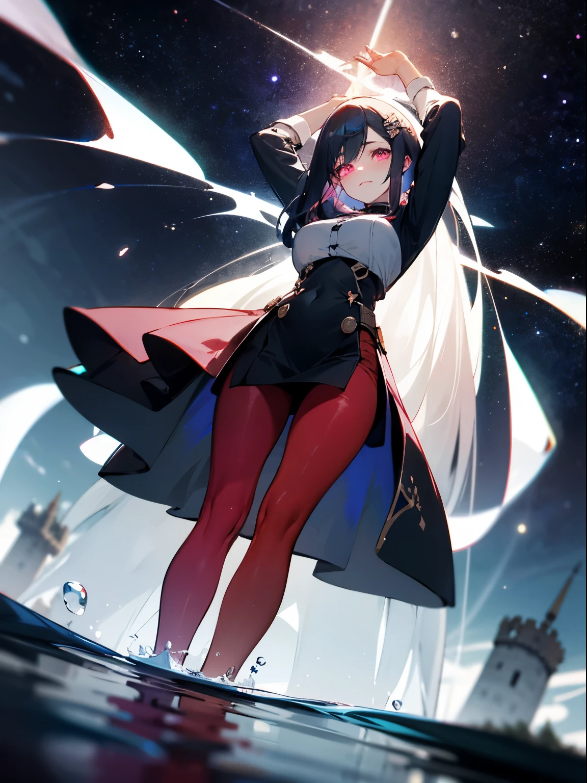 1woman, Hairstyle: long straight dark blue hair with hairclip, expressive eyes, pink eyes(glowing), faint smile, perfect face, medium waist and voluptuous body, pale skin(extreme), wearing Chaldea uniform, red pantyhose, Pose: Fullbody, arms up, Hands hidden behind head, Standing in water reflecting galaxies, Background: Welsh Castle ruins at night, 8k, best quality, absurdres, from below, looking at viewer,