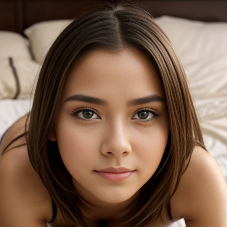 Detailed and realistic portrait of a beautiful 14 year old Latina girl, roundly eyes, murky, fullnude　at bedroom　Sleeping on your back　open one's legs　All images