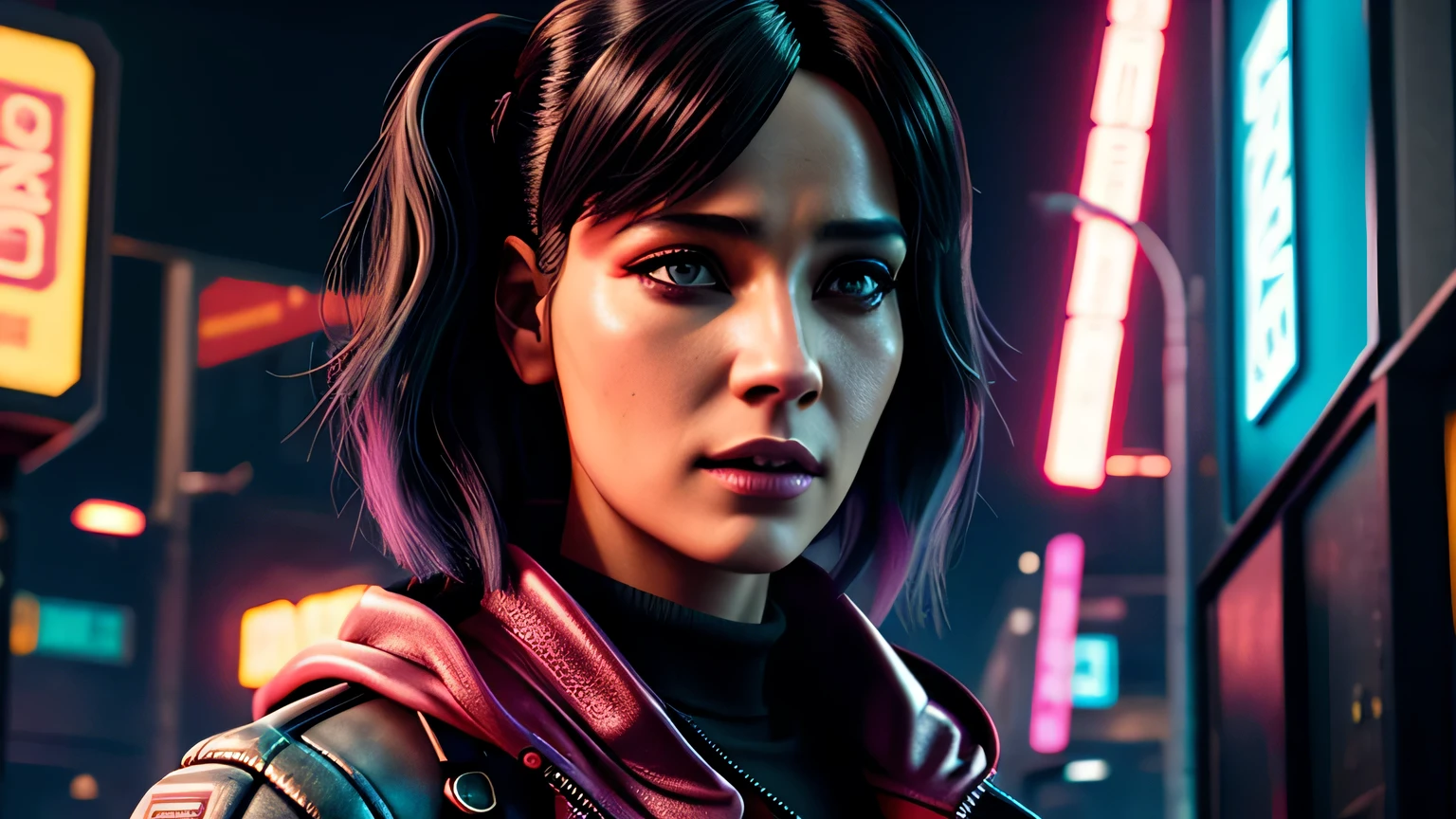 retrato em close de The Rock, arte conceitual detalhada do personagem, inspirado em Magali Villeneuve, realista, retrato de personagem de fantasia, Ciberpunk, motor irreal 5, estilo RPG, trends on artstation, Qualidade da CGSociedade, Fundo Bokeh, foco suave, Lente de 35 mm, jaqueta de couro, textura de couro complexa, Ciberpunk outfit, olhar confiante, Estilo de arte de Alexandra Fomina, ((masterfully crafted Ciberpunk clothes, olhos expressivos, postura forte), fotografia profissional, Dynamic Posture, Texturas de alta fidelidade), cinematic lighting, cores atraentes, volumetric neon lightning, vivid neon lights, cores vivas, close up photo at eye level, High definition, efeitos de alta fidelidade, Octane rendering, arte da nintendo