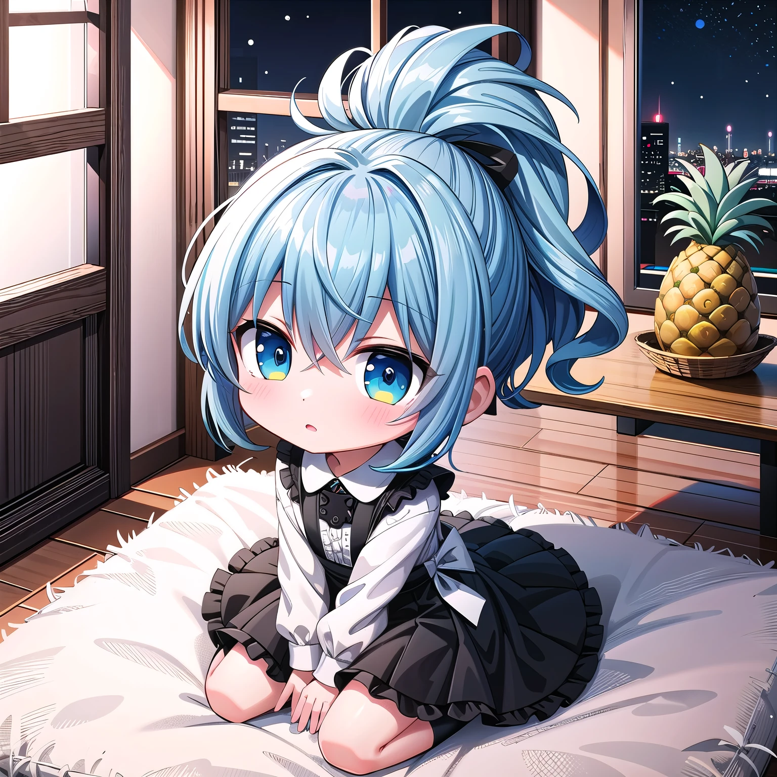 (((Chibi, Pineapple, Petite, Cute))), ((3DCG,Nendoroid, 1 girl, masterpiece, almond-shaped eyes, beautiful skin, red cheeks, glossy white-blue hair, short chignon hair)), Indifferent, expressionless,Top quality , delicate fingers, curly hair, warm clothes, strong light and shadow,  full body, winter clothes, night,  gothic dress,room,black tights,blythe,négligé,best view spot,fluffy carpet,white skin