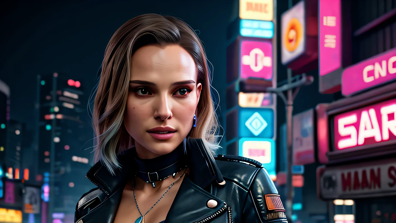 retrato em close de Natalie Portman, arte conceitual detalhada do personagem, inspirado em Magali Villeneuve, realista, retrato de personagem de fantasia, Ciberpunk, motor irreal 5, estilo RPG, trends on artstation, Qualidade da CGSociedade, Fundo Bokeh, foco suave, Lente de 35 mm, jaqueta de couro, textura de couro complexa, Ciberpunk outfit, olhar confiante, Estilo de arte de Alexandra Fomina, ((masterfully crafted Ciberpunk clothes, olhos expressivos, postura forte), fotografia profissional, Dynamic Posture, Texturas de alta fidelidade), cinematic lighting, cores atraentes, volumetric neon lightning, vivid neon lights, cores vivas, close up photo at eye level, High definition, efeitos de alta fidelidade, Octane rendering, arte da nintendo