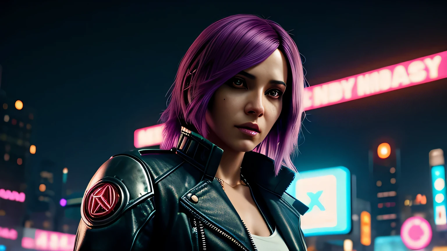 retrato em close de Tamara Braun, arte conceitual detalhada do personagem, inspirado em Magali Villeneuve, realista, retrato de personagem de fantasia, Ciberpunk, motor irreal 5, estilo RPG, trends on artstation, Qualidade da CGSociedade, Fundo Bokeh, foco suave, Lente de 35 mm, jaqueta de couro, textura de couro complexa, Ciberpunk outfit, olhar confiante, Estilo de arte de Alexandra Fomina, ((masterfully crafted Ciberpunk clothes, olhos expressivos, postura forte), fotografia profissional, Dynamic Posture, Texturas de alta fidelidade), cinematic lighting, cores atraentes, volumetric neon lightning, vivid neon lights, cores vivas, close up photo at eye level, High definition, efeitos de alta fidelidade, Octane rendering, arte da nintendo