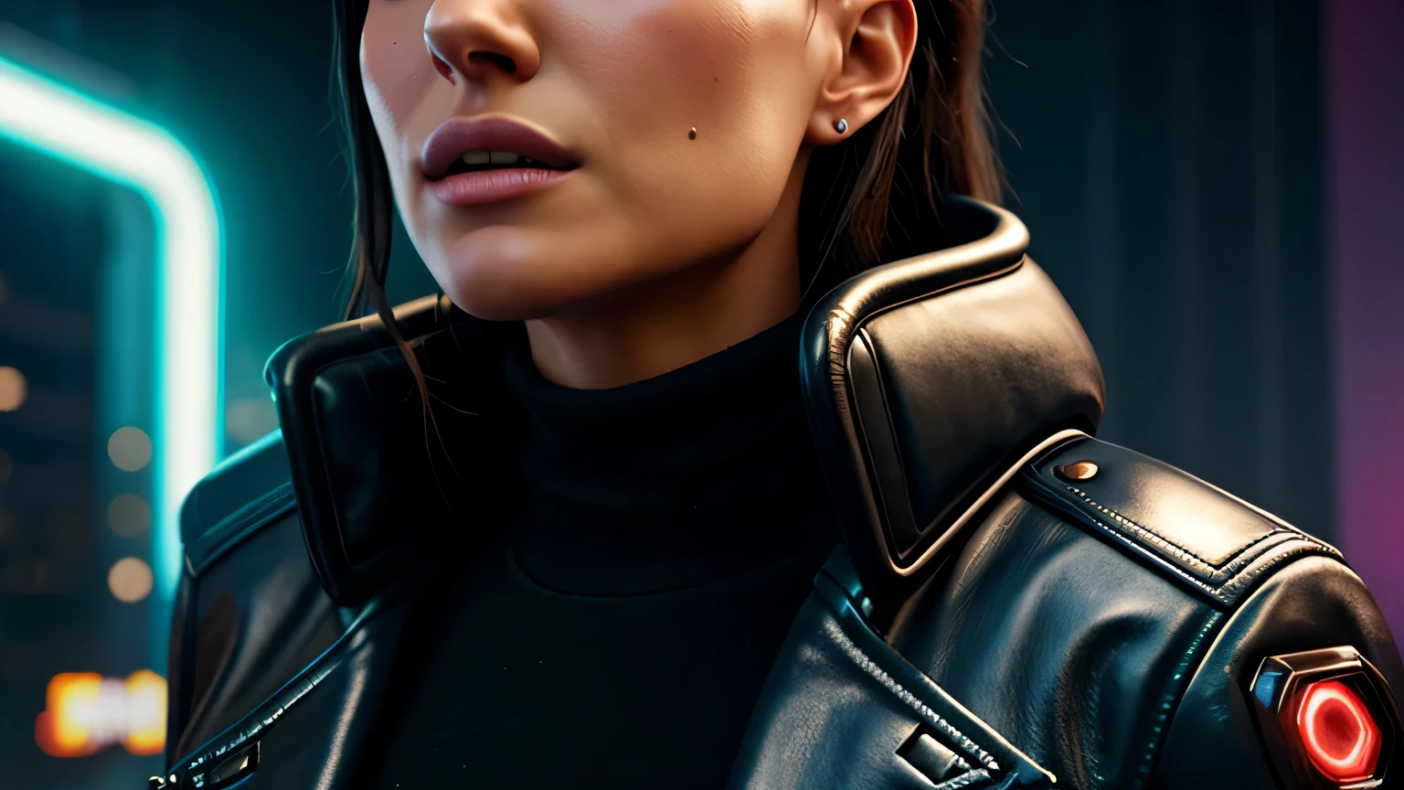 retrato em close de Natalie Portman, arte conceitual detalhada do personagem, inspirado em Magali Villeneuve, realista, retrato de personagem de fantasia, Ciberpunk, motor irreal 5, estilo RPG, trends on artstation, Qualidade da CGSociedade, Fundo Bokeh, foco suave, Lente de 35 mm, jaqueta de couro, textura de couro complexa, Ciberpunk outfit, olhar confiante, Estilo de arte de Alexandra Fomina, ((masterfully crafted Ciberpunk clothes, olhos expressivos, postura forte), fotografia profissional, Dynamic Posture, Texturas de alta fidelidade), cinematic lighting, cores atraentes, volumetric neon lightning, vivid neon lights, cores vivas, close up photo at eye level, High definition, efeitos de alta fidelidade, Octane rendering, arte da nintendo