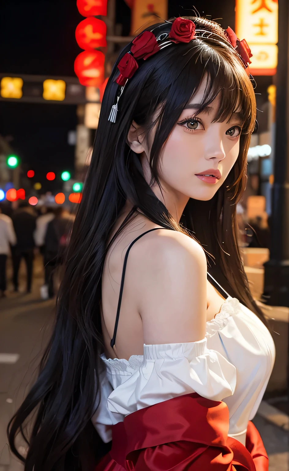 1 woman, tokyo streets,night, cityscape,city lights, upper body,enlargement, 8 thousand, RAW photos, best quality, masterpiece,realistic, photo-realistic,red rose headdress, Split bangs, long hair,