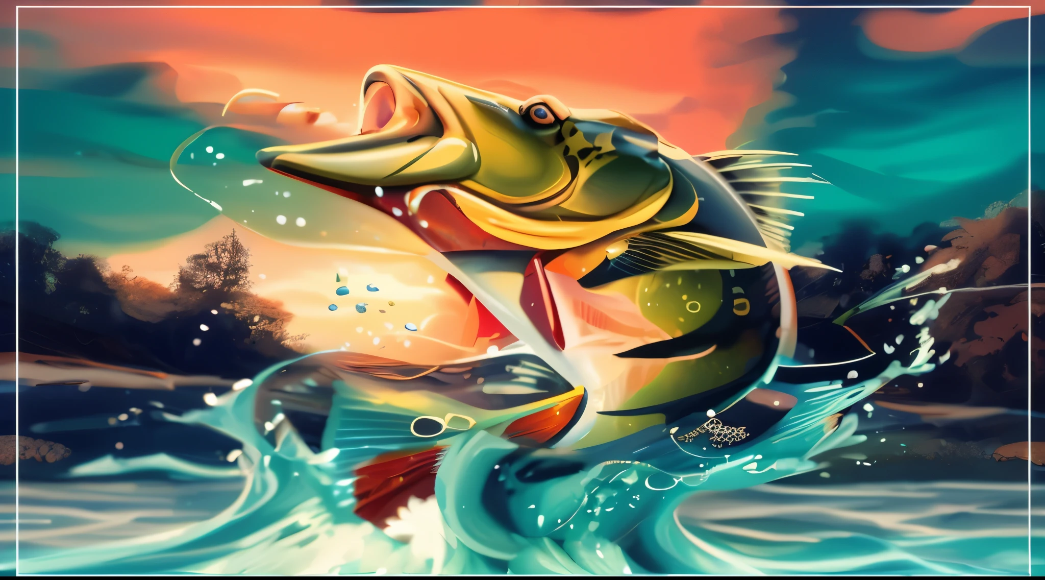 painting of a large mouth bass jumping out of the water, stylized digital illustration, artistic illustration, Arte digital surrealista, Arte digital estilizada, linda arte digital, colorful digital illustration, pesca do robalo, arte de pintura digital dos desenhos animados, artistic digital art, arte do photoshop, digital oil painting with airbrush, no style gives digital painting, in illustration style digital