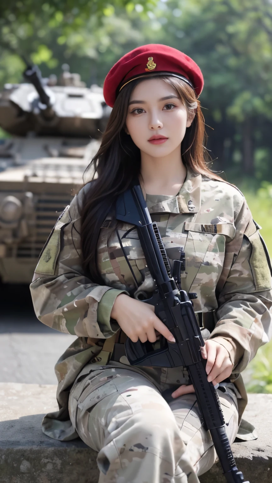 ((Best Quality, 8k, Masterpiece:1.3)), Focus:1.2, Perfect Body Beauty:1.4, ((Delicate Hair)), (Military Uniform:1.1), (Red Beret Army: 1.1), (Firearms: 1.1), (Soldier Uniform: 1.1), Military Coat: 1.1) Highly detailed face and skin texture, Detailed eyes, Double eyelids, whitening skin, Big breasts, smile, in the jungle, super detailed face, super detailed eyes, super detailed, hands, super detailed fingers, super detailed body, super fine body, super fine face, super fine eyes, super fine fingers, super fine hands, super fine foots, Holding firearms, rifle, Soldier, Perfect Soldier, weapon, rifle, special force, military, Super detailed firearms, Super Detailed Military Coat, Army, Super fine firearms, Super detailed Beret, Super detailed firearms, Super realistic firearms, super detailed rifle, super realistic, muscular, female soldier, Commissioned Officer, high ranking officer, general rank, with a view of the self-propelled artillery behind her, Super Detailed red beret, realistic view, perfect lighting, military vehicle