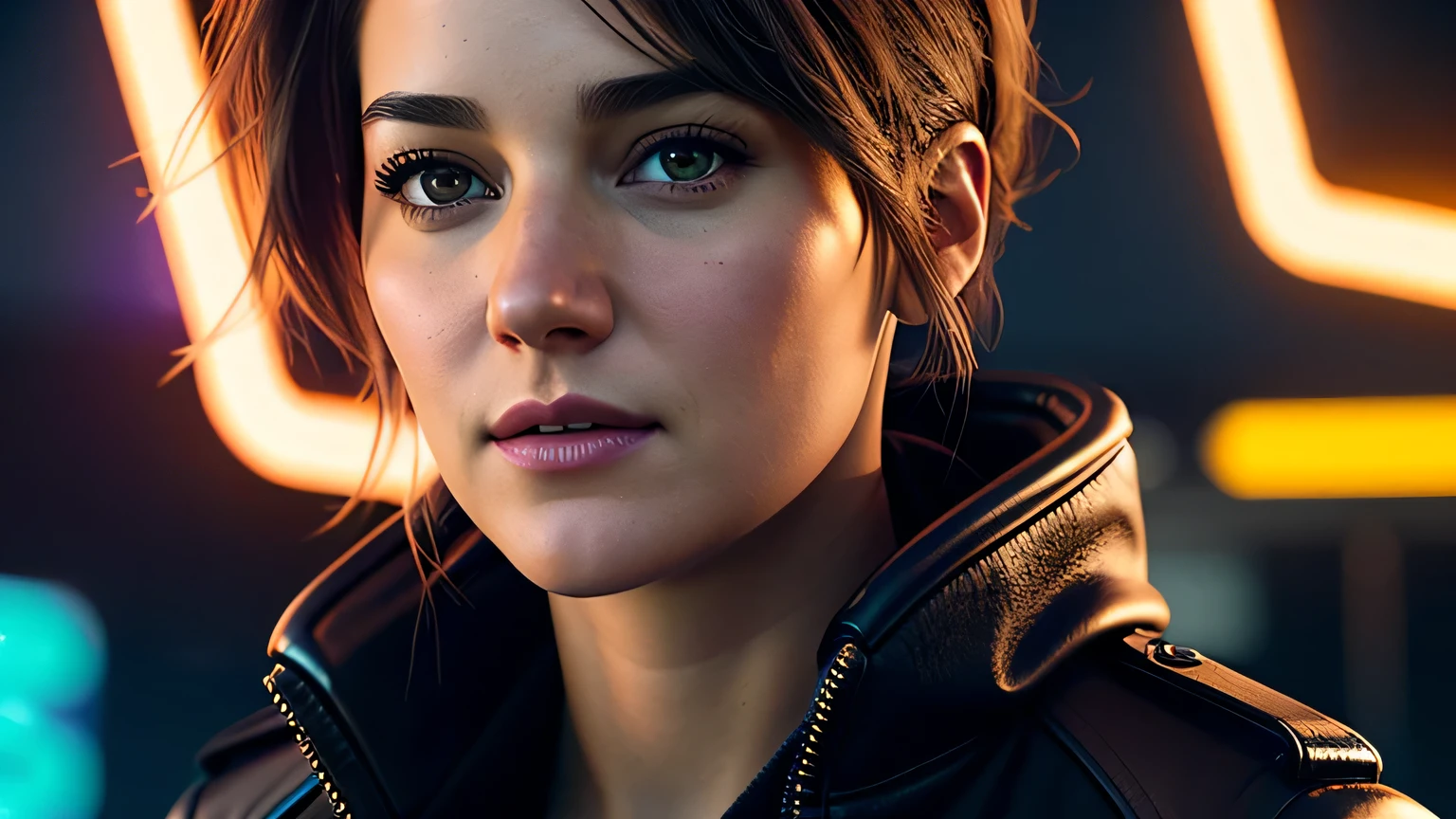 retrato em close de Shailene Woodley, arte conceitual detalhada do personagem, inspirado em Magali Villeneuve, realista, retrato de personagem de fantasia, Ciberpunk, motor irreal 5, estilo RPG, trends on artstation, Qualidade da CGSociedade, Fundo Bokeh, foco suave, Lente de 35 mm, jaqueta de couro, textura de couro complexa, Ciberpunk outfit, olhar confiante, Estilo de arte de Alexandra Fomina, ((masterfully crafted Ciberpunk clothes, olhos expressivos, postura forte), fotografia profissional, Dynamic Posture, Texturas de alta fidelidade), cinematic lighting, cores atraentes, volumetric neon lightning, vivid neon lights, cores vivas, close up photo at eye level, High definition, efeitos de alta fidelidade, Octane rendering, arte da nintendo