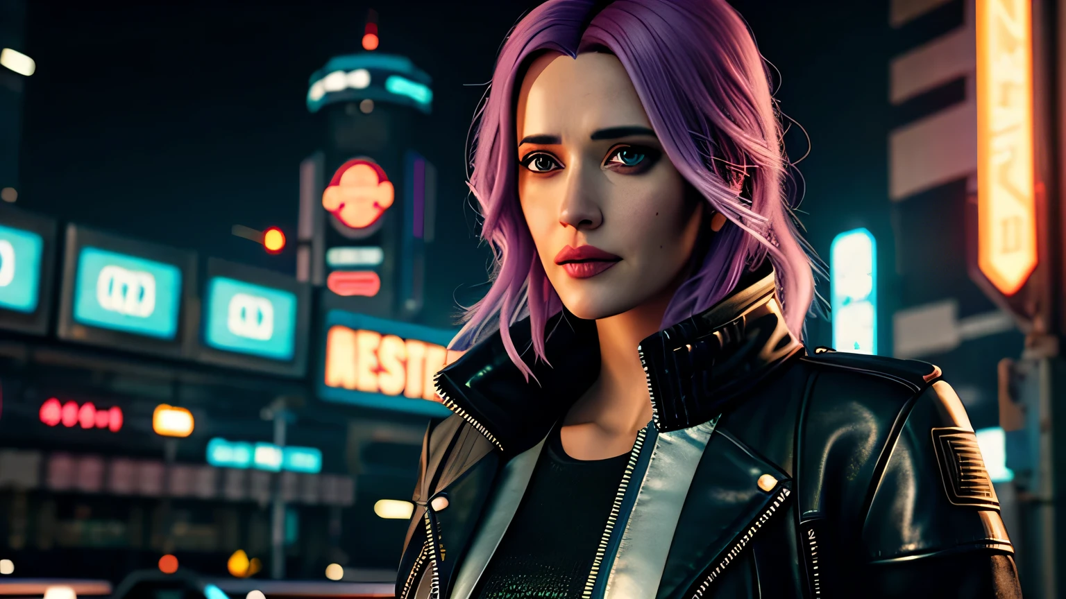 retrato em close de Eva Green, arte conceitual detalhada do personagem, inspirado em Magali Villeneuve, realista, retrato de personagem de fantasia, Ciberpunk, motor irreal 5, estilo RPG, trends on artstation, Qualidade da CGSociedade, Fundo Bokeh, foco suave, Lente de 35 mm, jaqueta de couro, textura de couro complexa, Ciberpunk outfit, olhar confiante, Estilo de arte de Alexandra Fomina, ((masterfully crafted Ciberpunk clothes, olhos expressivos, postura forte), fotografia profissional, Dynamic Posture, Texturas de alta fidelidade), cinematic lighting, cores atraentes, volumetric neon lightning, vivid neon lights, cores vivas, close up photo at eye level, High definition, efeitos de alta fidelidade, Octane rendering, arte da nintendo