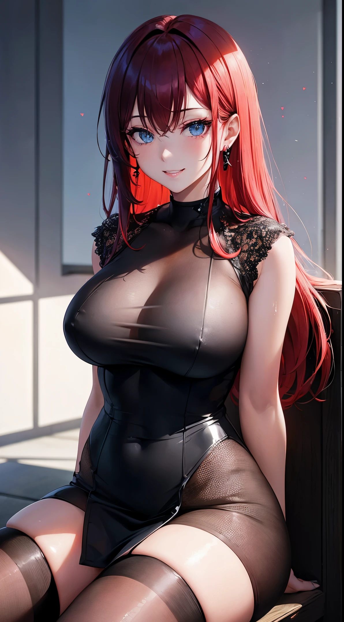 red hair, wet hair, blue eyes, heart earrings, ahego, anime style, sitting down in a chair, god rays, ray tracing, cinematic lighting, depth of field, from behind, UHD, masterpiece, retina, high quality, best quality, highres, 8k, thick, ((full body)) , (((jet black mesh dress))), ((seductive smile)), ((close up to face)), ((juicy thighs)), thick thighs