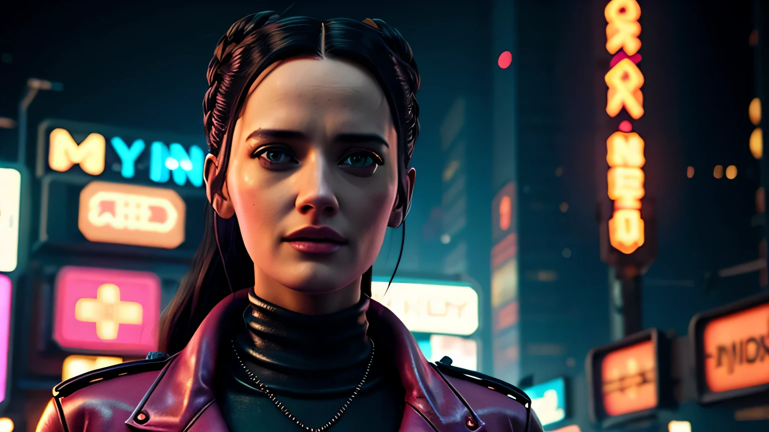 close-up portrait of Eva Green lookalike, arte conceitual detalhada do personagem, Inspirado por, realista, retrato de personagem de fantasia, Ciberpunk, motor irreal 5, estilo RPG, trends on artstation, Qualidade da CGSociedade, Fundo Bokeh, foco suave, Lente de 35 mm, jaqueta de couro, textura de couro complexa, Ciberpunk outfit, olhar confiante, Estilo de arte de Alexandra Fomina, ((masterfully crafted Ciberpunk clothes, olhos expressivos, postura forte), fotografia profissional, Dynamic Posture, Texturas de alta fidelidade), cinematic lighting, cores atraentes, volumetric neon lightning, vivid neon lights, cores vivas, close up photo at eye level, High definition, efeitos de alta fidelidade, Octane rendering, arte da nintendo
